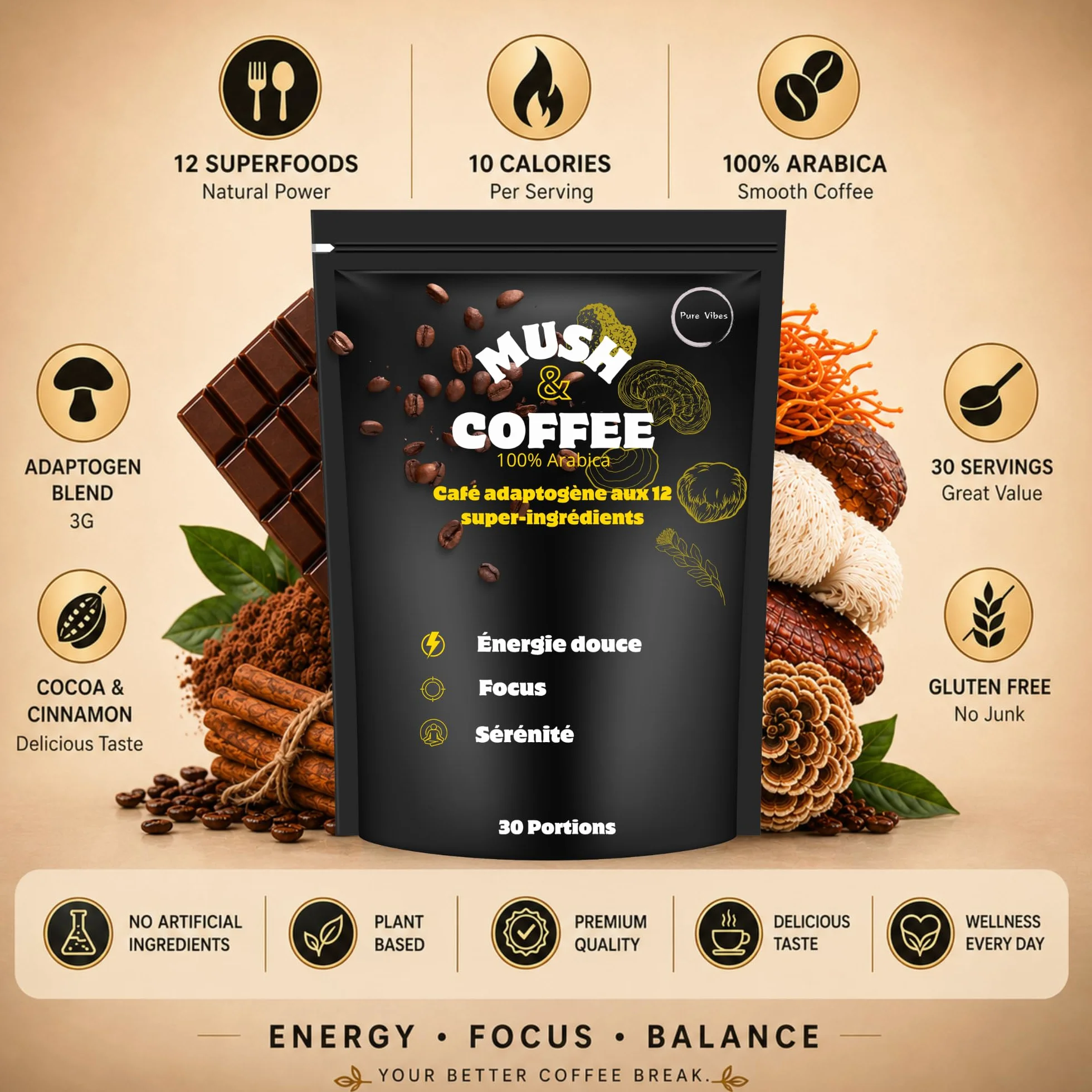 Alternative au Café – Substitut de Café Instantané Reishi & Lion’s Mane – PureVibes Mush & Coffee – Énergie Stable & Concentration – Vegan Sans Sucre – 15 Portions (30, Tasses)