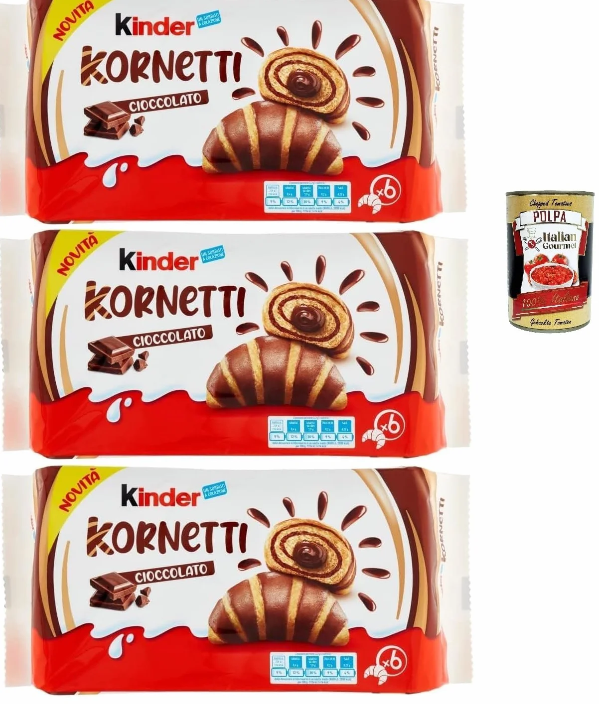 Italian Gourmet Lot 3x Kinder Kornetti Cioccolato – Cornets briochés moelleux fourrés au chocolat, viennoiserie emballée pour petit-déjeuner & goûter, snack sucré 3 x 252 g + Italian Gourmet Polpa