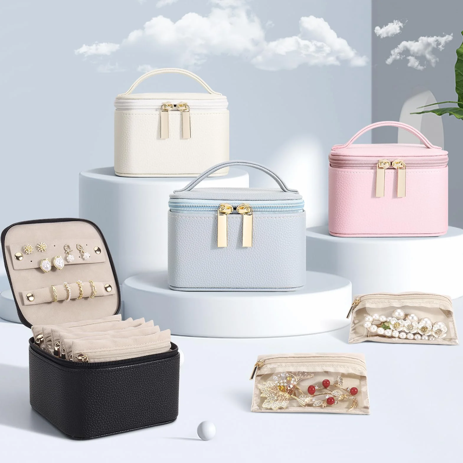 DesignSter Petite boîte à bijoux de voyage en cuir grain litchi 6 poches transparentes en velours rose