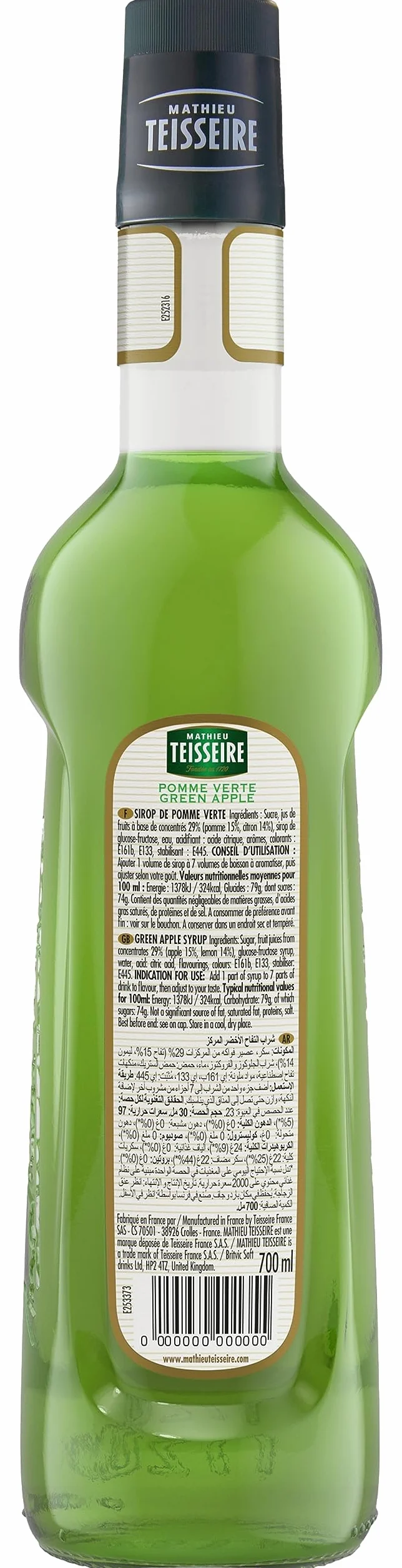 Sirop de Pomme Verte Mathieu Teisseire, pour boissons, sodas, thés, limonades, cocktails, mocktails, bouteille de 70cl