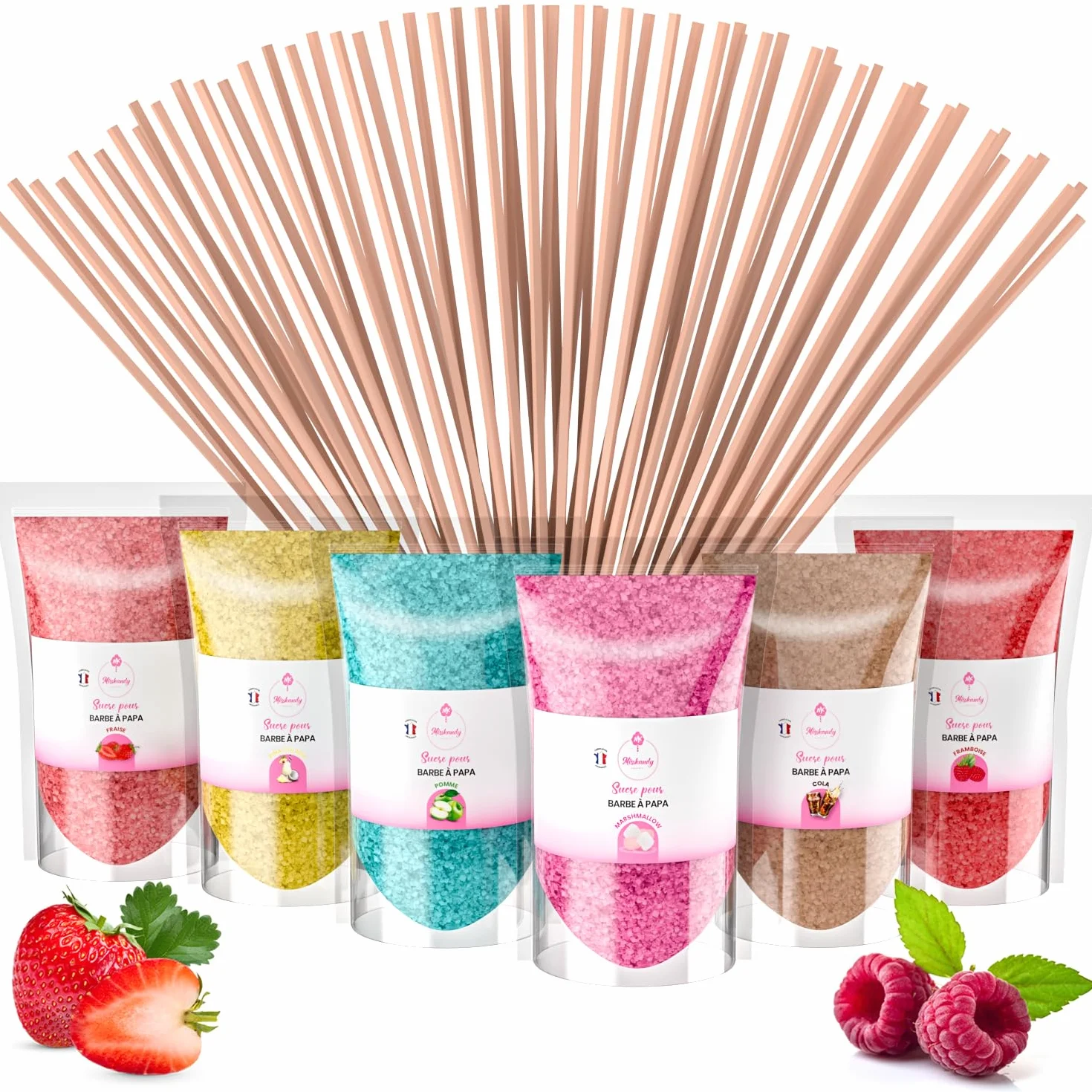 Misskandy®-Sucre Barbe à Papa pour machine lot de 6X160Gr (Arômes Naturels) Fraise- Pina colada- Cola-Pomme-Marshmallow-Framboise/poudre barbapapa+ 20 Bâtonnets Réutilisables (Offerts)