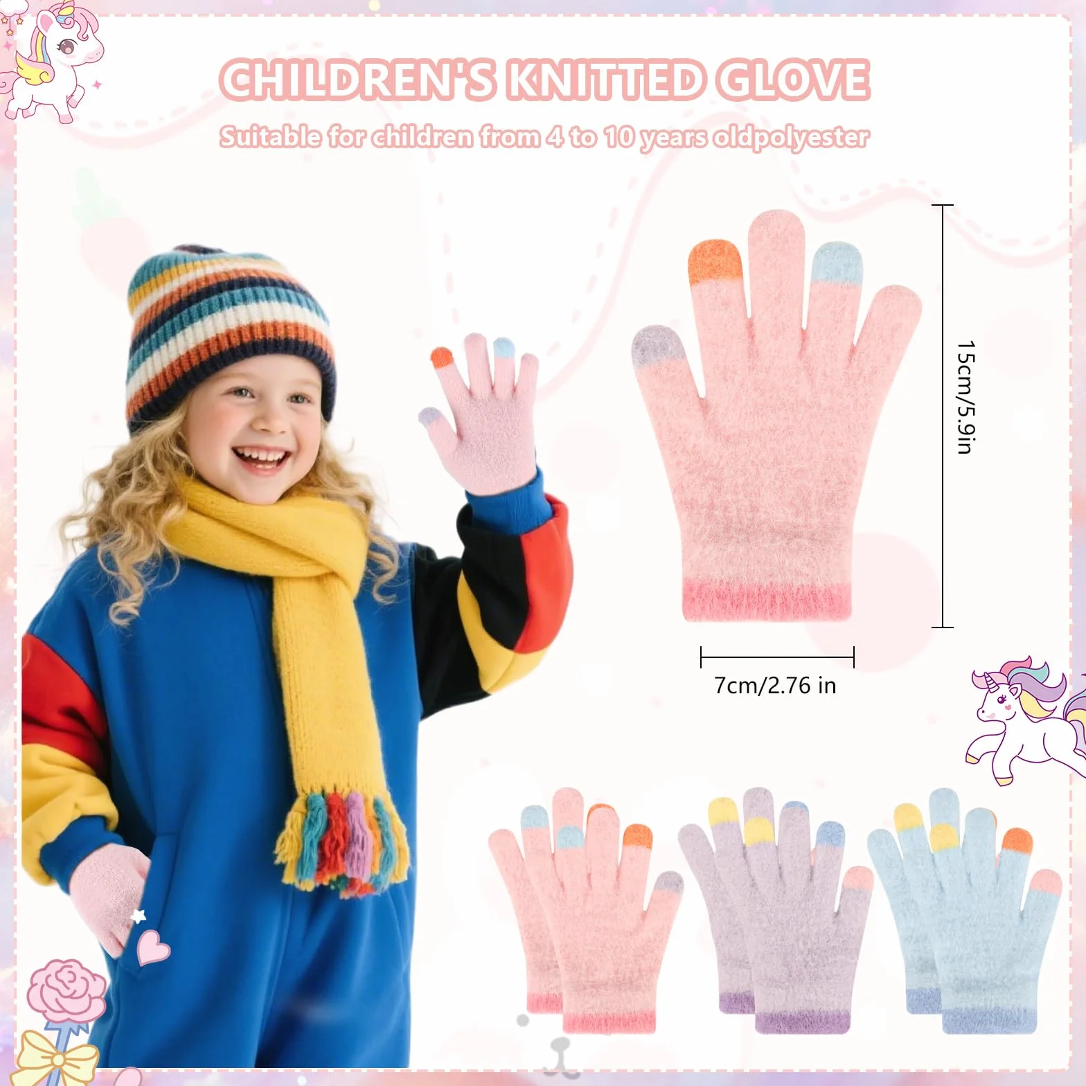 QKURT Lot de 3 paires gants d'hiver chauds enfants mitaines tricot extensible 4-10 ans