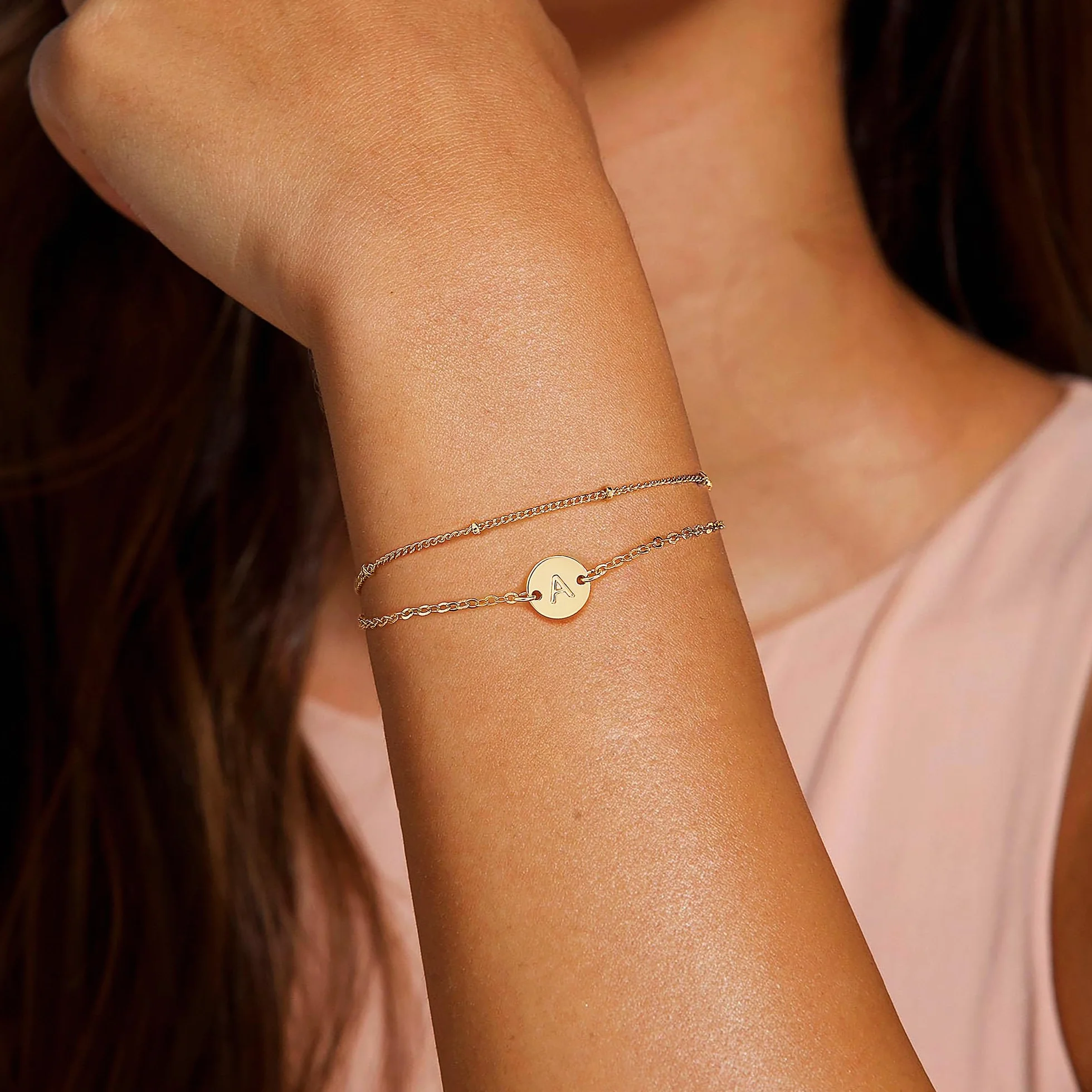 TINGN Bracelet Or pour Femme Fille – Plaqué Or 16 Carats Bracelet Initiale Disque Personnalisé