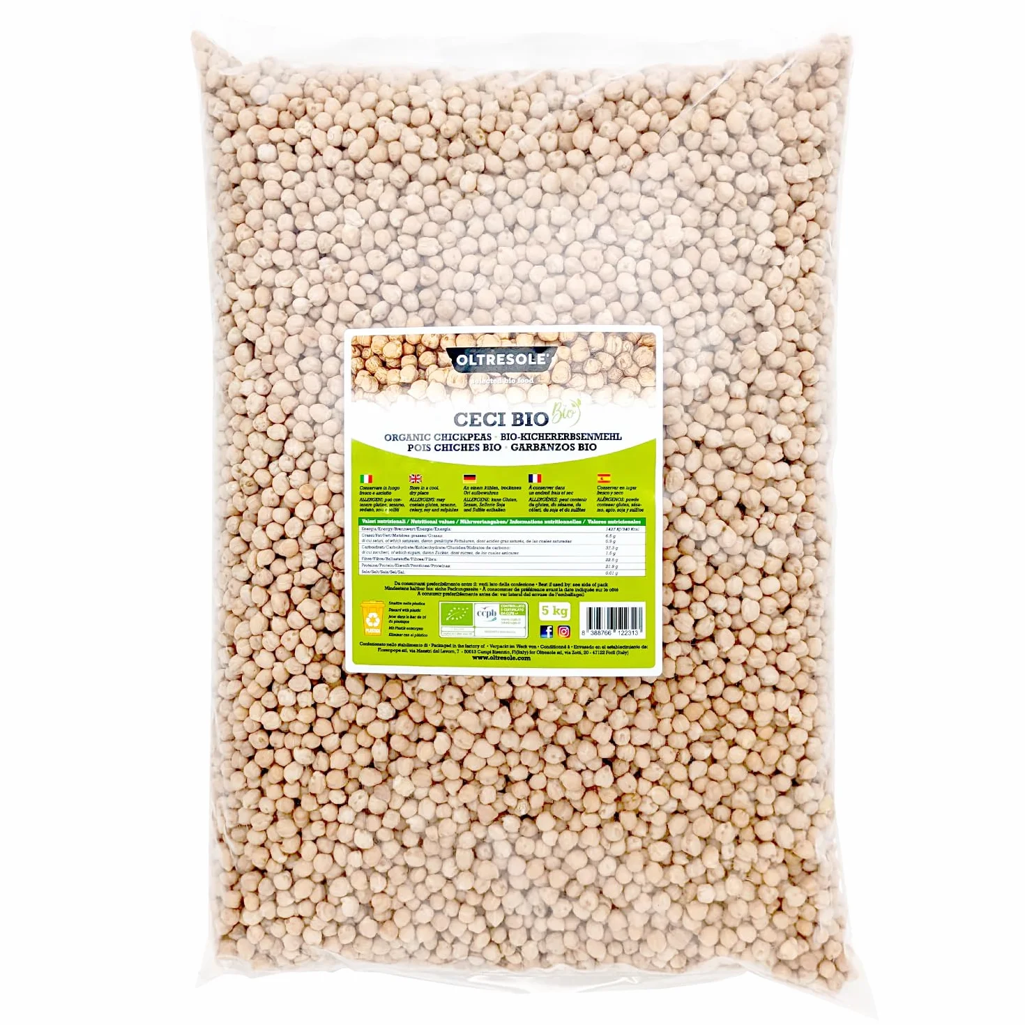 Oltresole, Pois Chiches Bio 5 Kg, Légumineuses sèches biologiques issues de cultures contrôlées, Excellentes pour les soupes, les salades, les légumes et les recettes saines, Format pratique