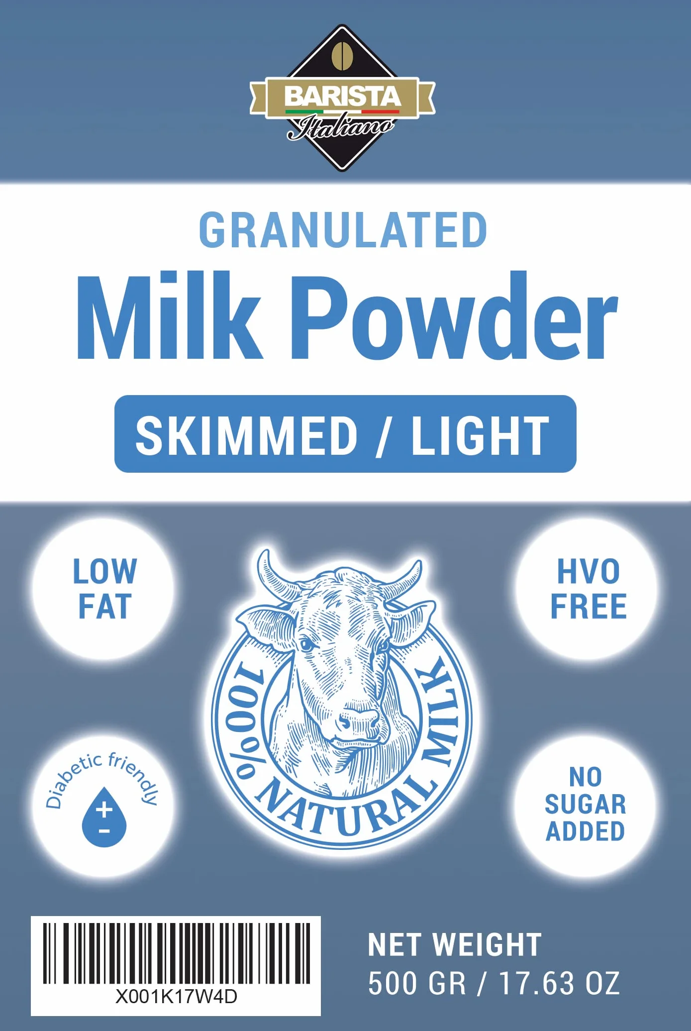 Barista Italiano - Lait en Poudre Écrémé 1Kg (500g x 2) Faible Teneur en Gras | Sans Sucre Ajouté