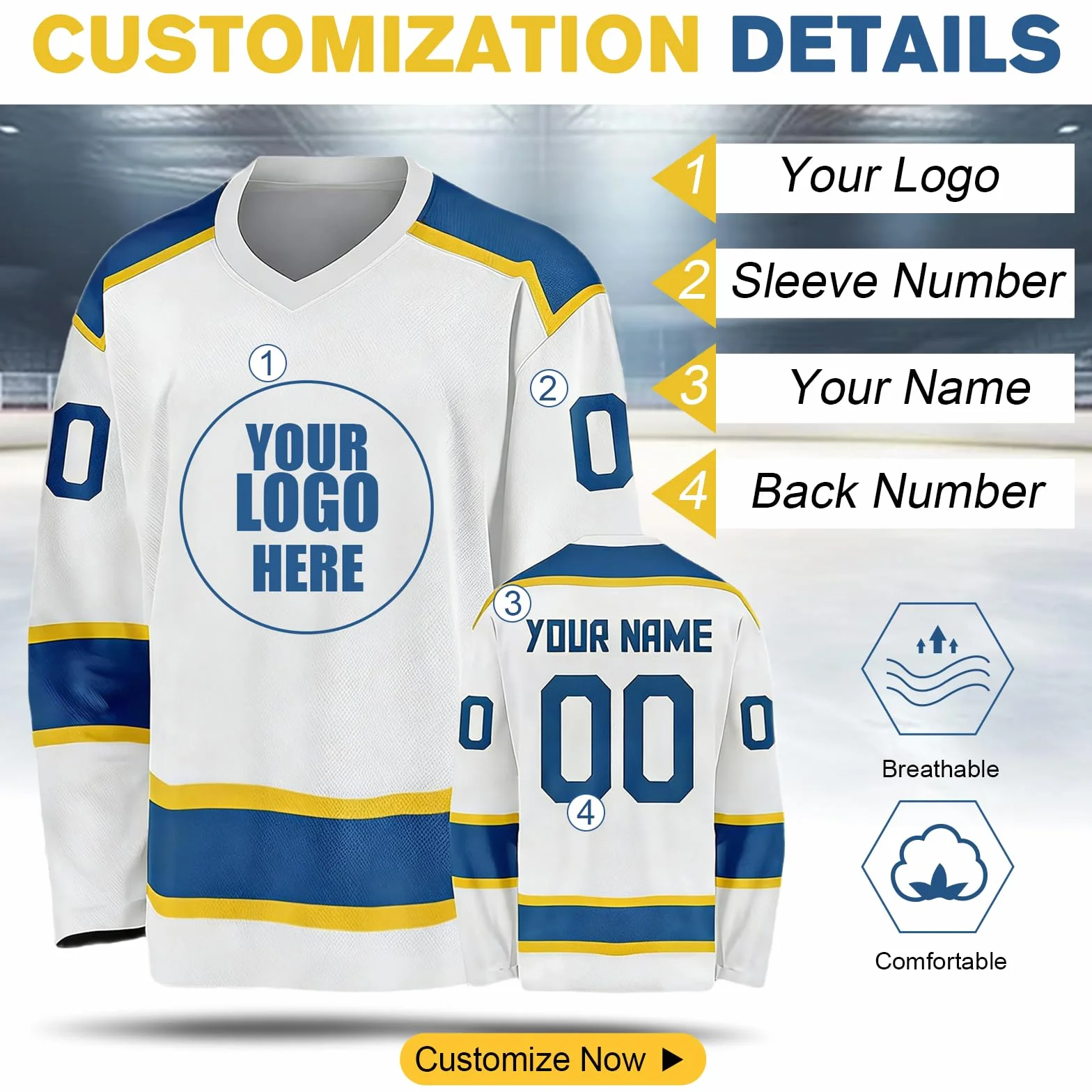 Maillot de Hockey sur Glace personnalisé avec nom numéro et Logo d'équipe – Haut à Manches Longues pour Homme