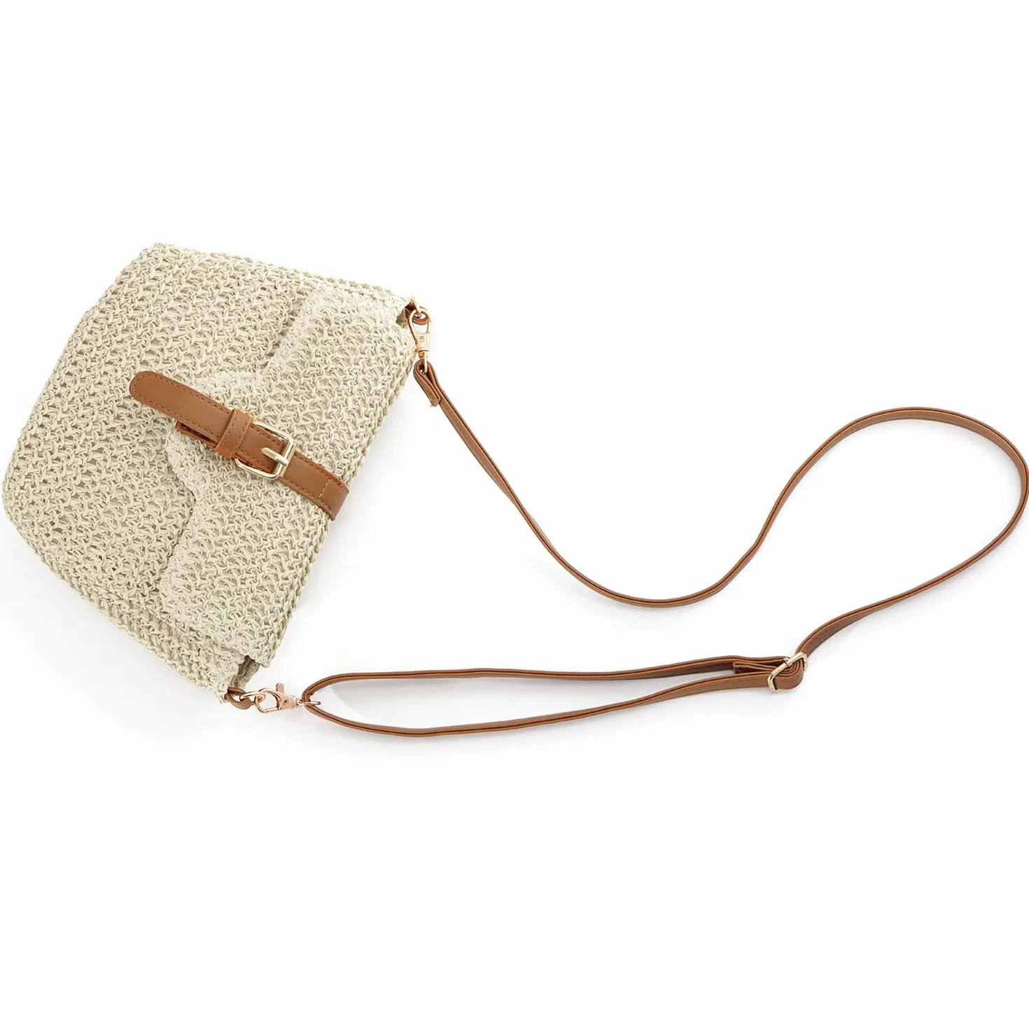 Sac à Bandoulière en Paille Beige pour Femmes - Boucle de Plage Tissé