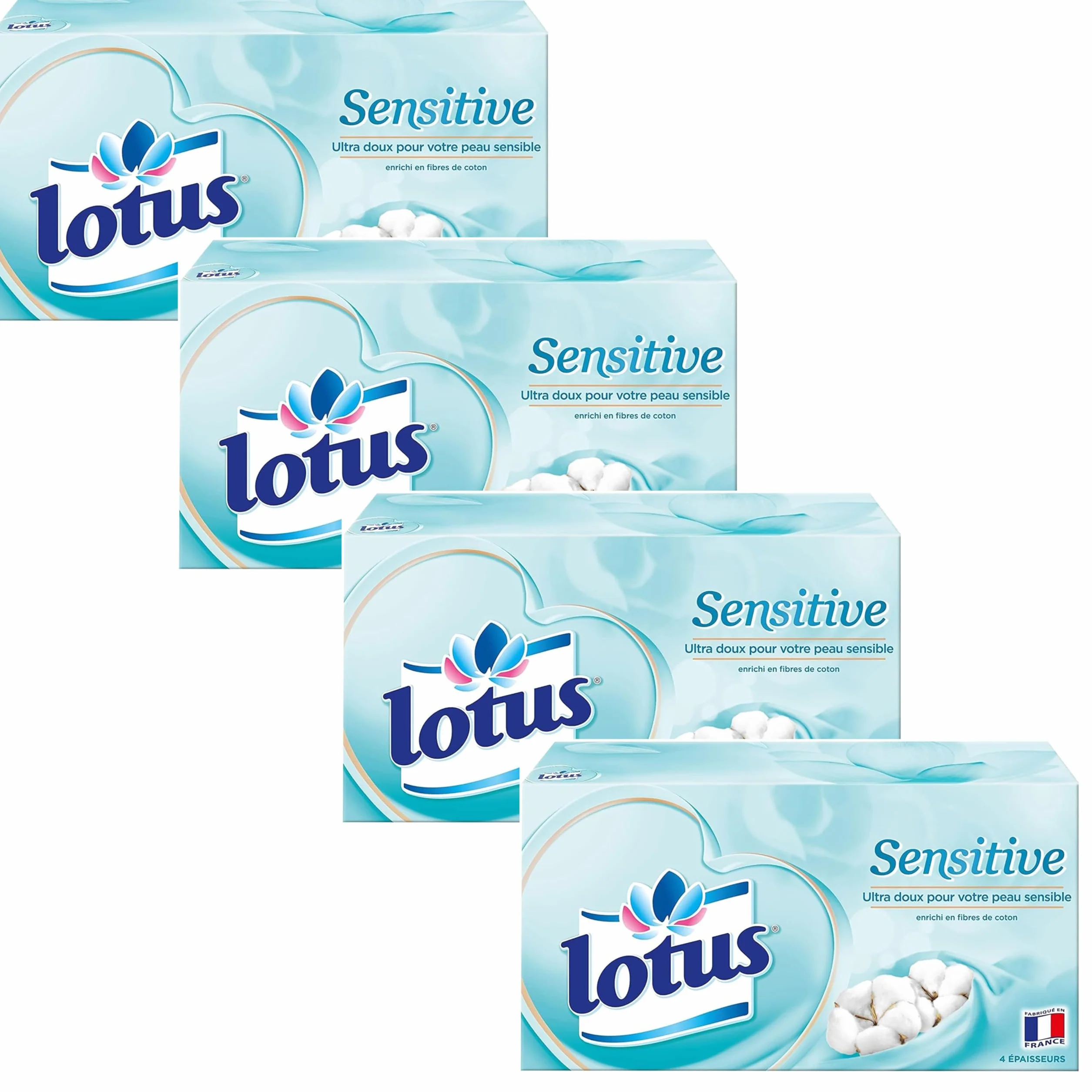 Lotus Sensitive – 320 Mouchoirs 4 épaisseurs pour un confort absolu – Blancs, doux et résistants – Fabriqués en France – Lot de 4 boîtes de 80