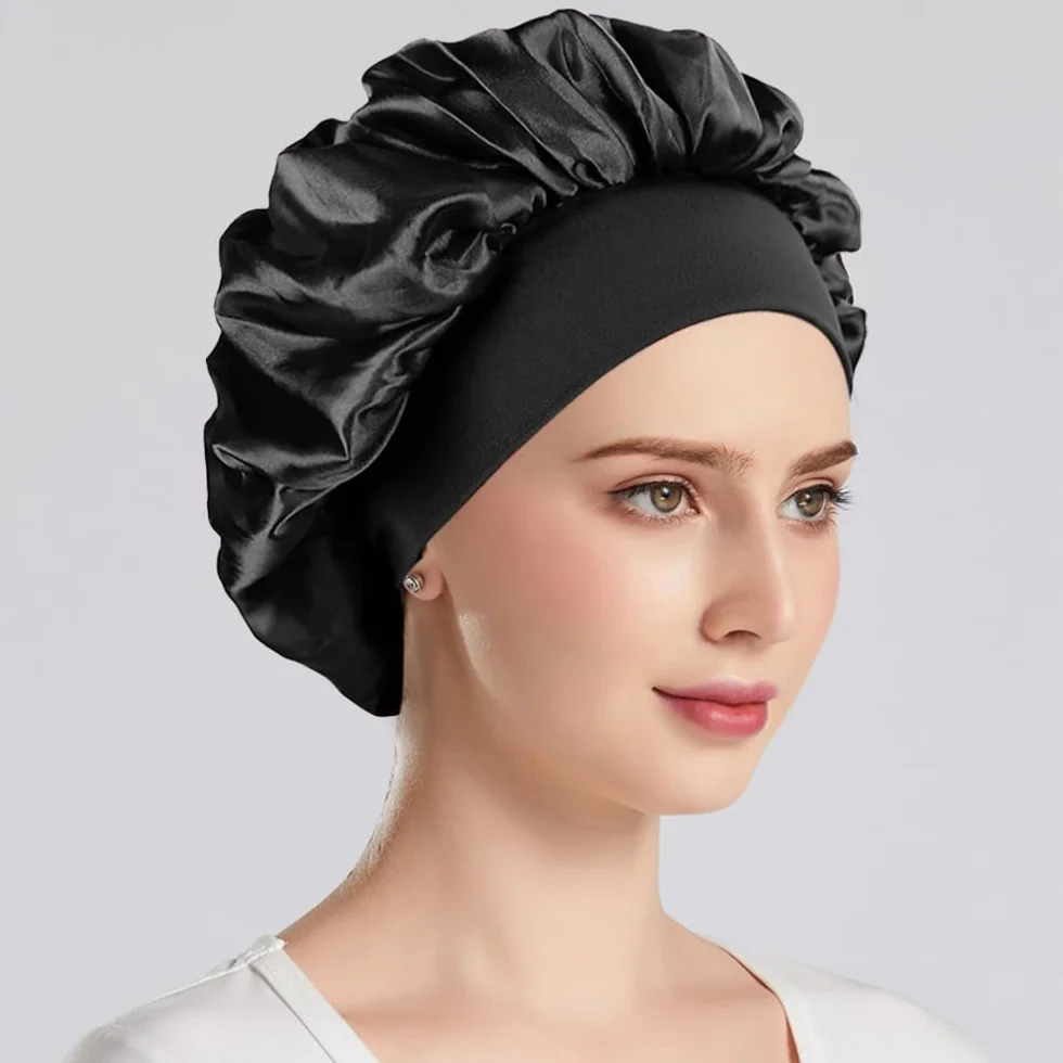 Bonnet Satin Cheveux Afro pour Femmes, Bonnet de Nuit en Soie (Motif de Rose: Noir+Rose)