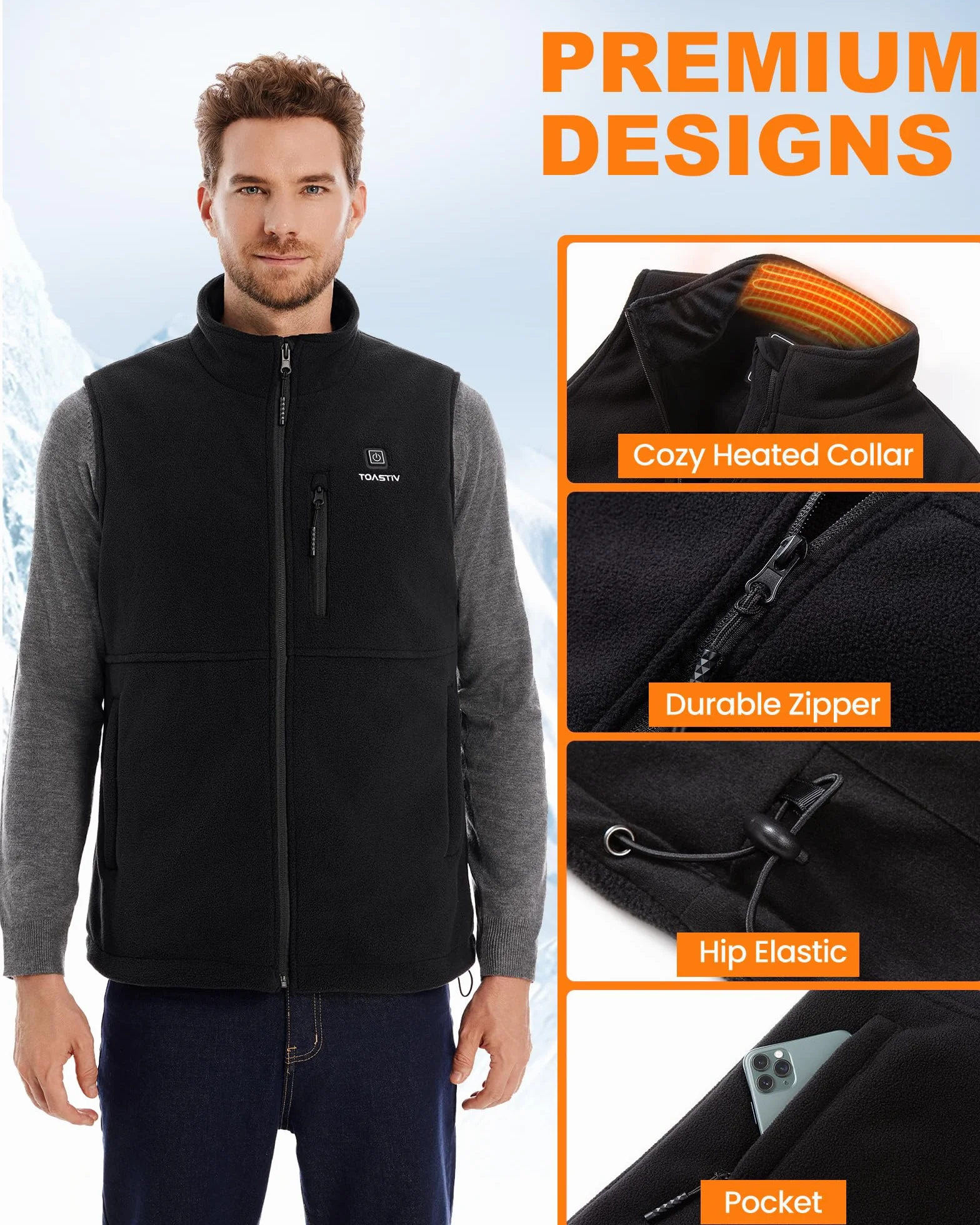 Gilet Chauffant Homme Veste Polaire Électrique 3 Températures 6 Zones Chauffage USB Plein Air