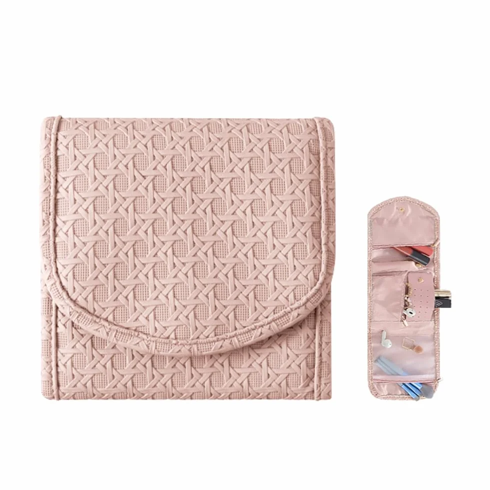Pochette Rouleau à Bijoux de Voyage en Cuir, Sac Organisateur de Bijoux Rose