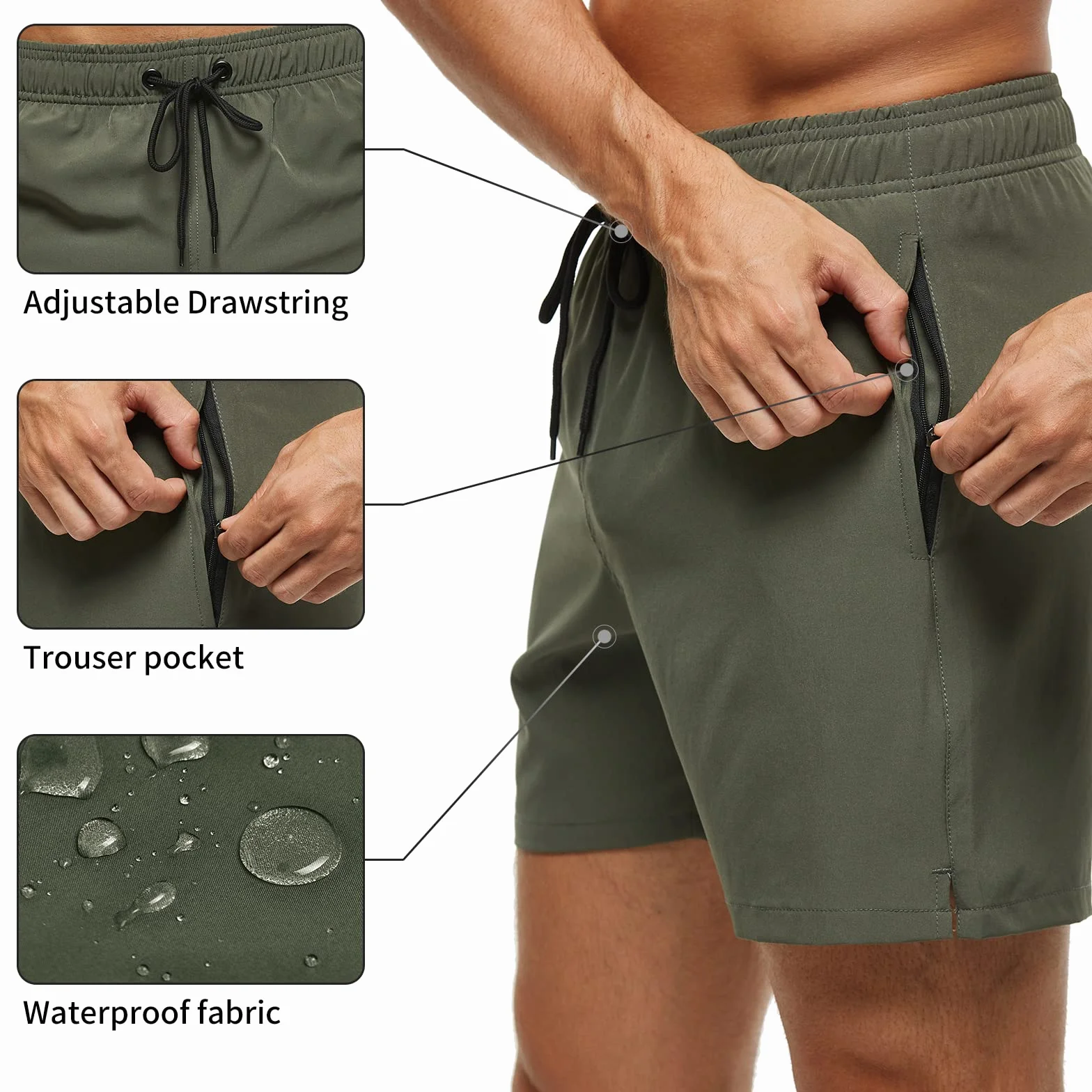 Maillot de Bain Homme avec Poches Zippées Short de Bain Extensible Séchage Rapide Cordon de Serrage Doublure Maille
