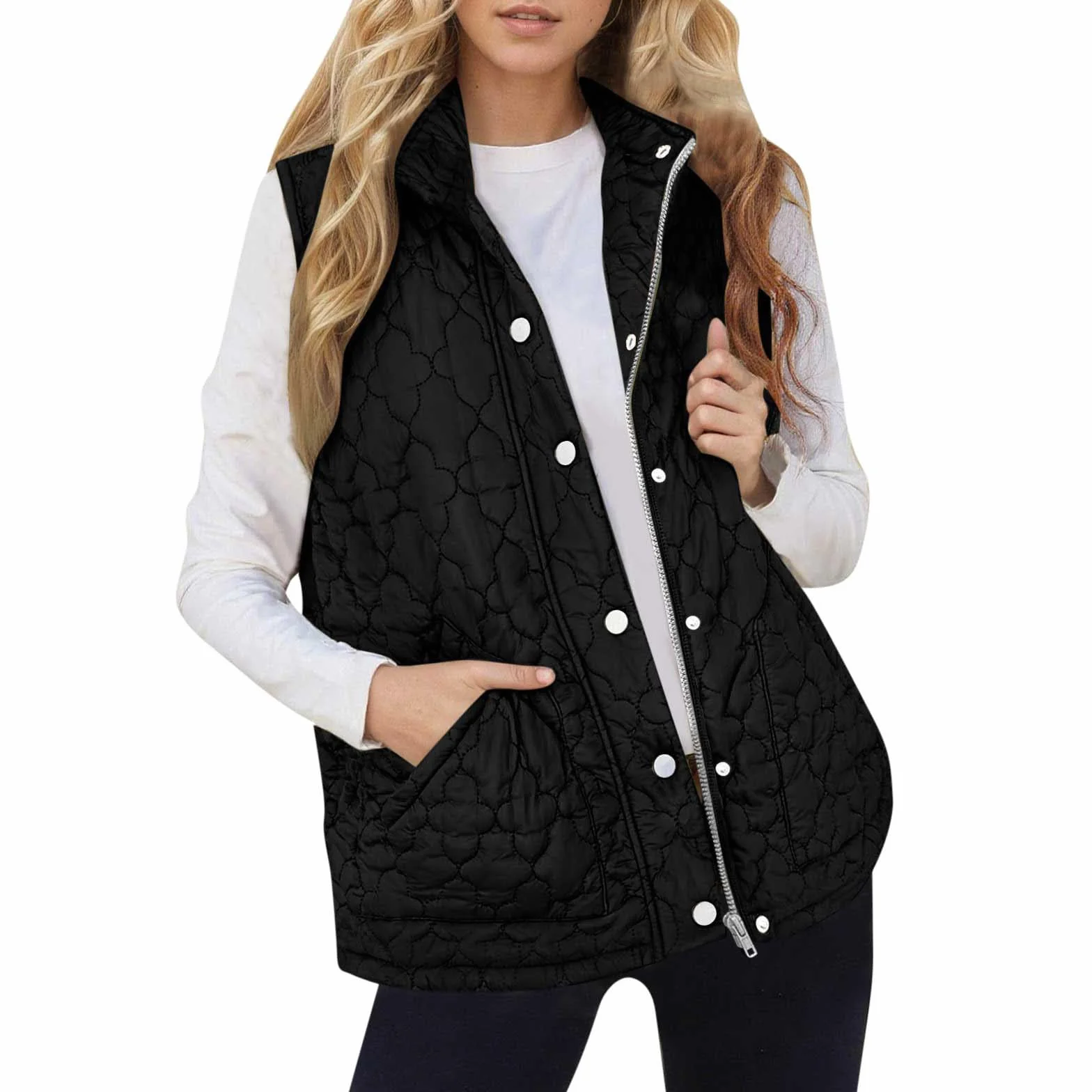Gilet Doudoune Sans Manches Femme Veste Automne Hiver Zippé Boutonné Poche