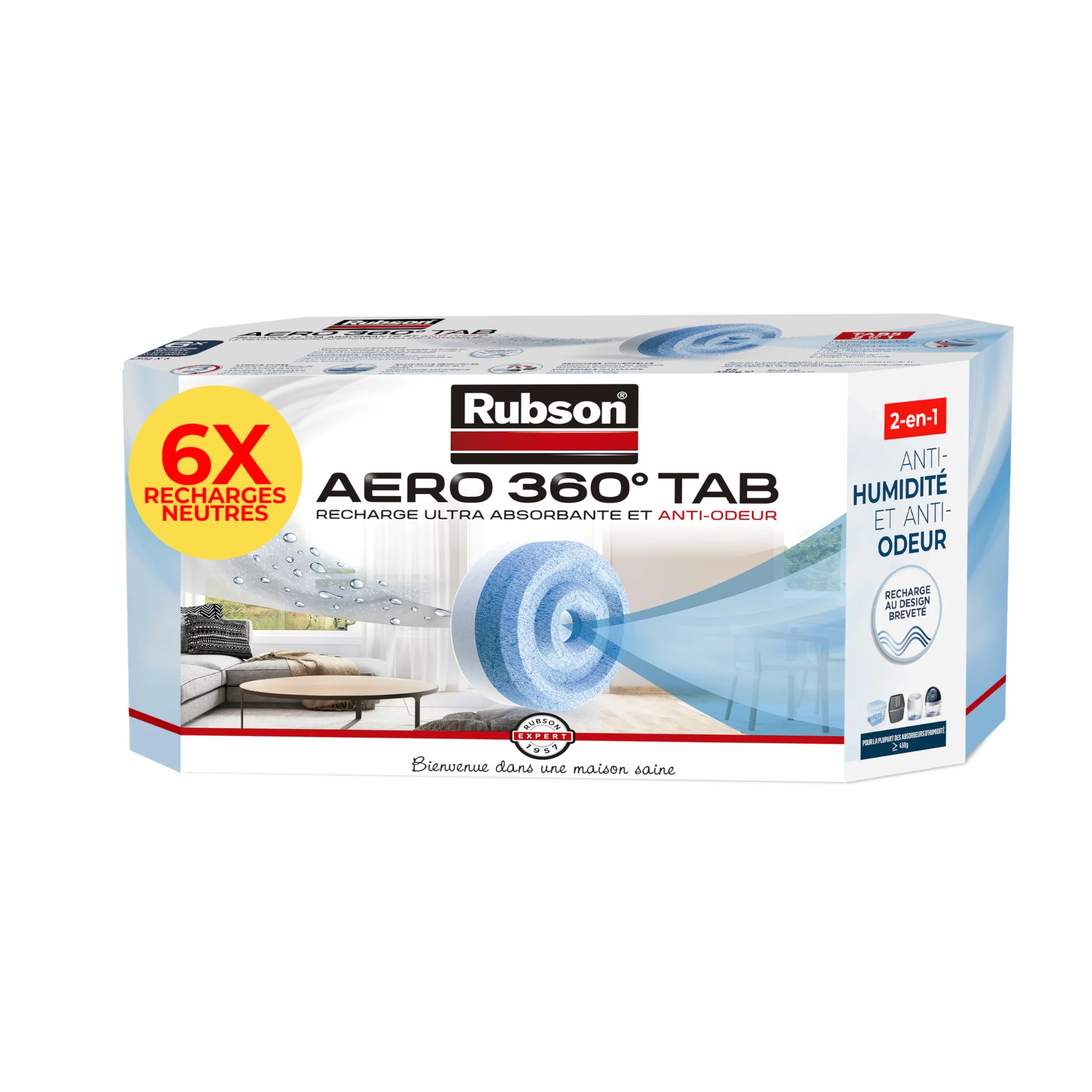 Rubson AERO 360° TAB, recharges en tabs neutres pour absorbeur d'humidité, ultra absorbantes et anti odeurs recharges pour déshumidificateurs AERO 360°, 6 x 450 g