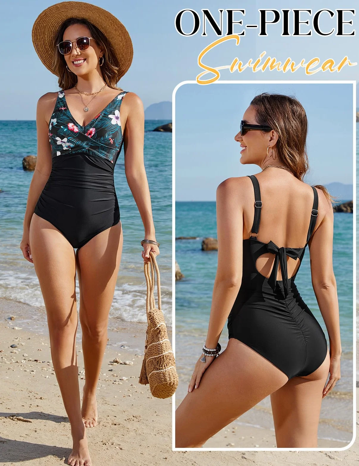 Tuopuda Maillot de Bain Femme 1 Pièce Gainant Ventre Plat Col V Push Up Swimsuit Devant Croisé Sexy Spaghetti Réglables Plage Natation