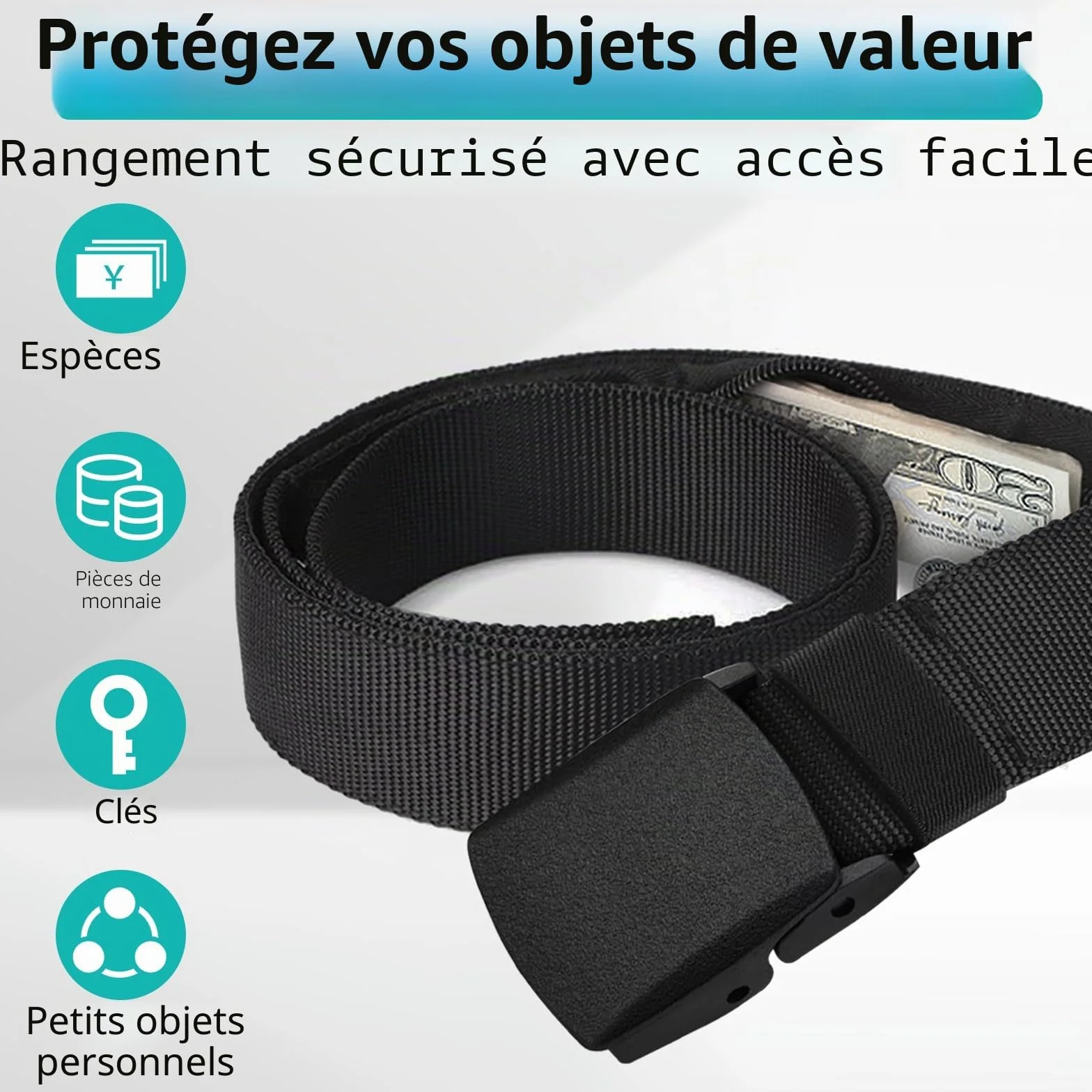 Ceinture de Voyage Porte-Monnaie avec Pochette Secrète, Cache Billets, Noir