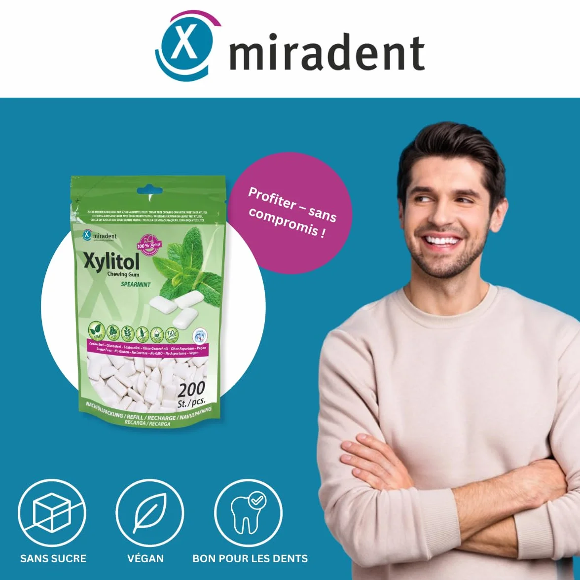 Miradent Chewing-gum dentaire au xylitol Pack économique 200 pcs goût Spearmint sans sucre vegan