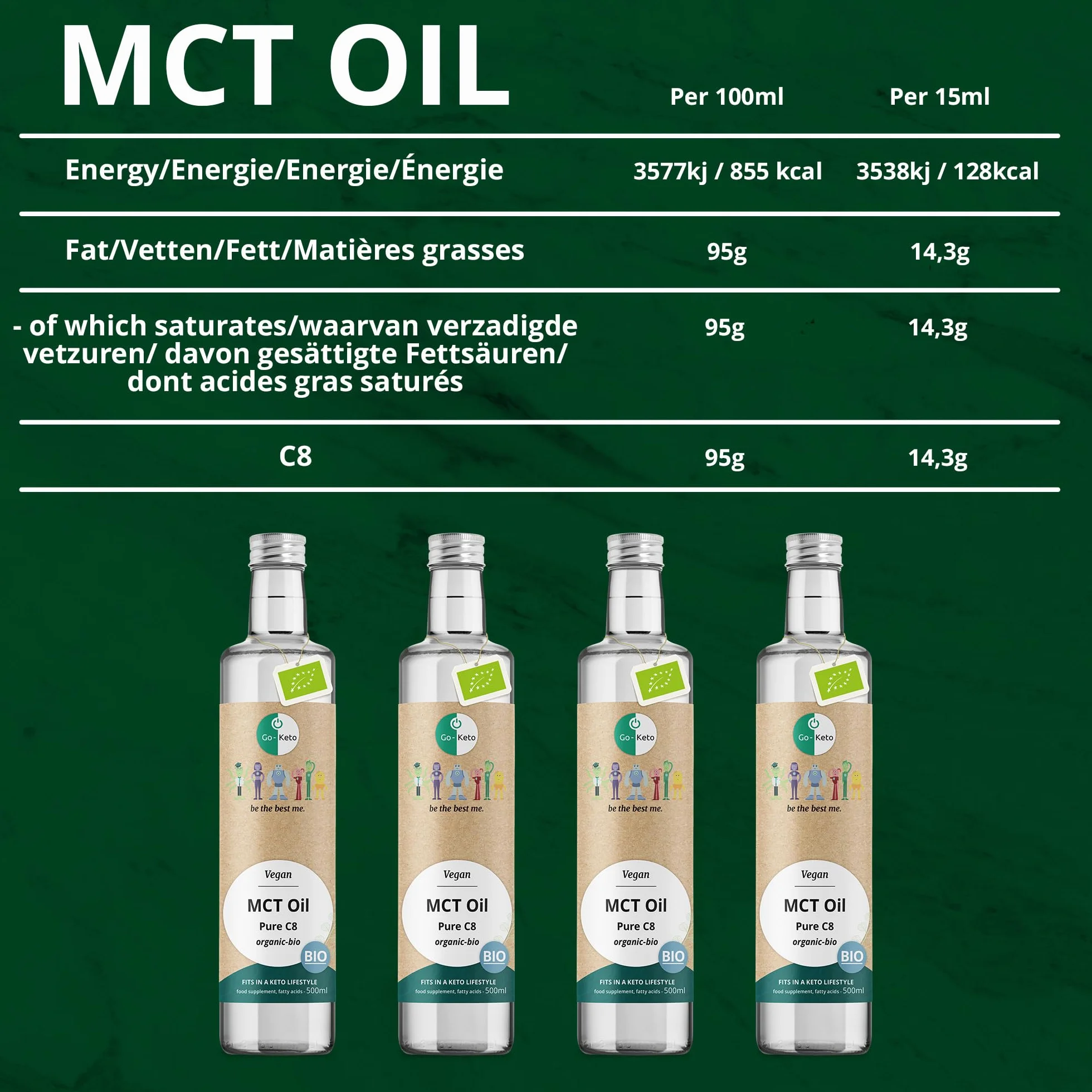 Go-Keto MCT Oil C8 BIO, 500ml - Huile MCT C8 de première qualité à base d'huile de coco BIO, parfaite pour un régime céto, idéal pour le Bulletproof Coffee ou le Keto Shake, huile TCM, Low Carb