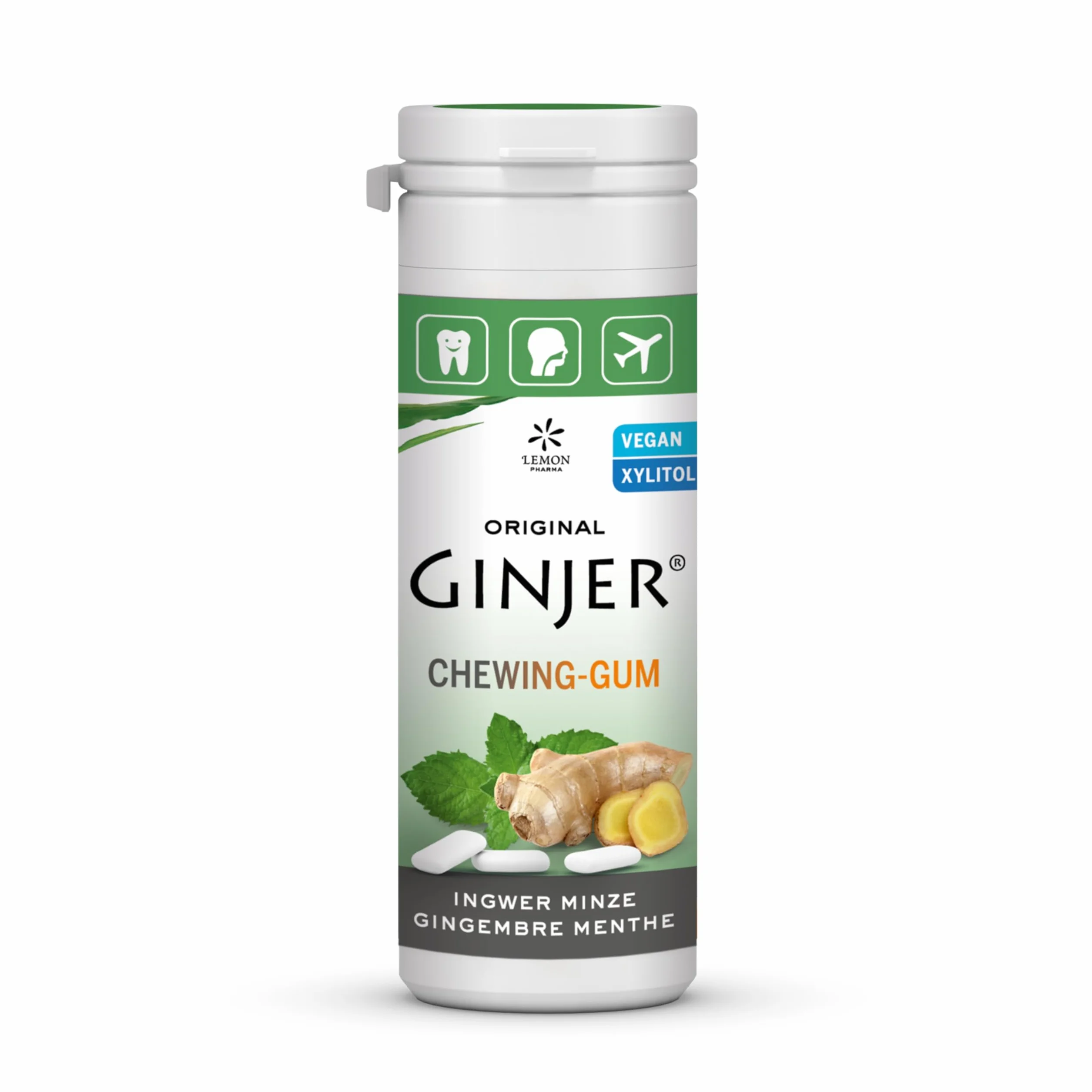 Chewing-gums au gingembre menthe et xylitol Ginjer® Lemon Pharma – Sans sucre – Boite de 30 g