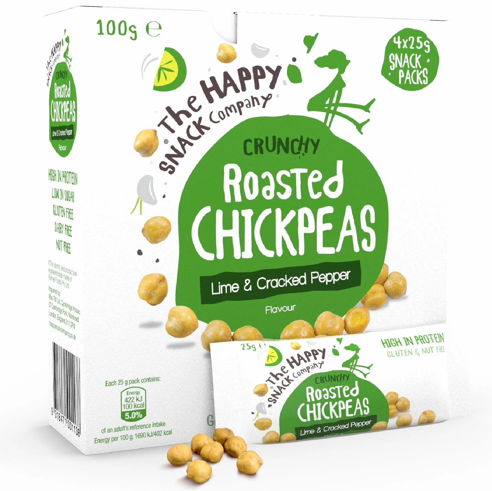 The Happy Snack Company Pois chiches rôtis, citron vert et poivre craquelé, haute teneur en protéines, collations sans gluten, végétalien, 100 calories, portion de 25 g, lot de 20