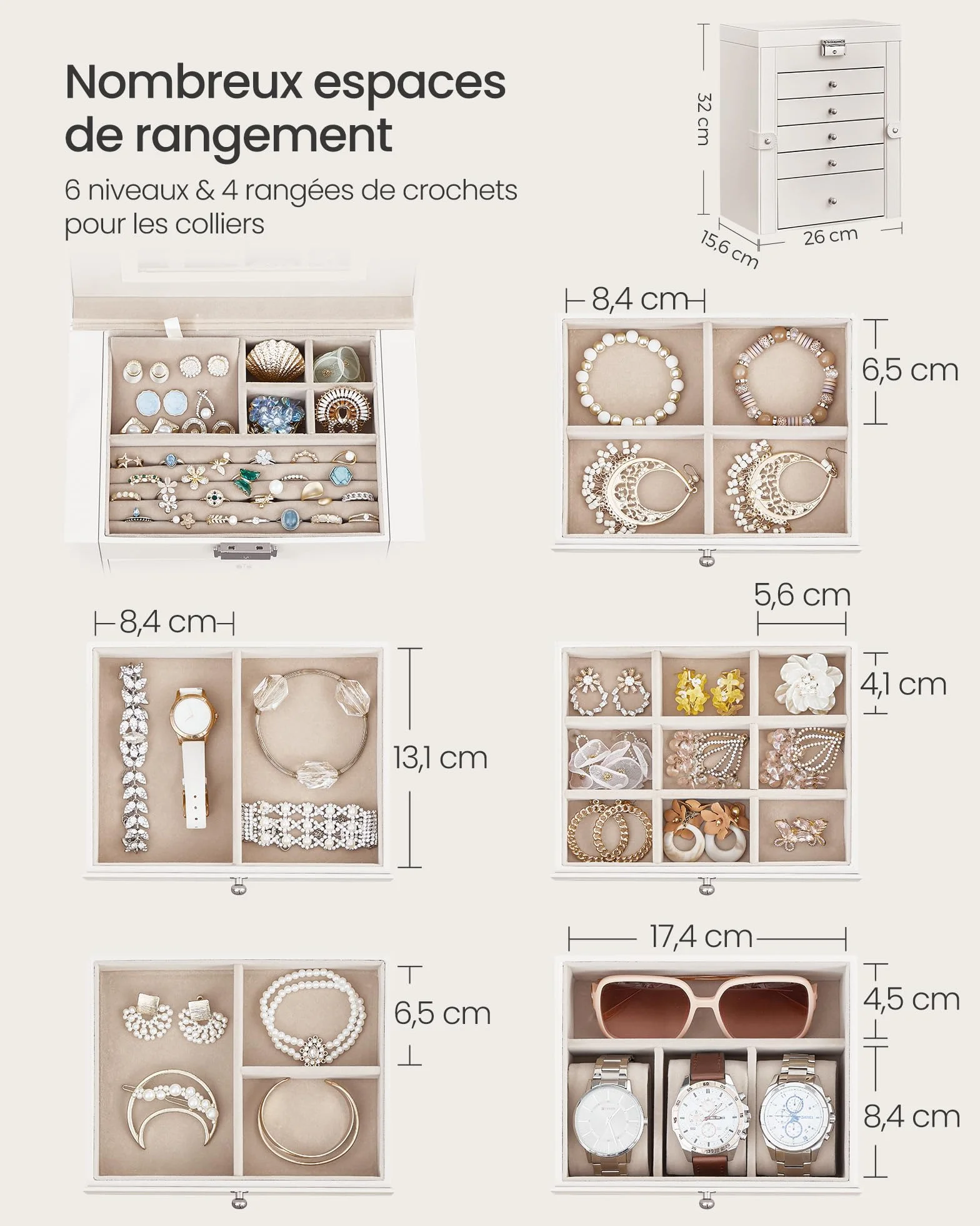 SONGMICS Boîte à Bijoux 6 Niveaux 5 Tiroirs Coffre de Rangement avec Miroir Intérieur Verrouillable Blanc Nuage JBC152W01