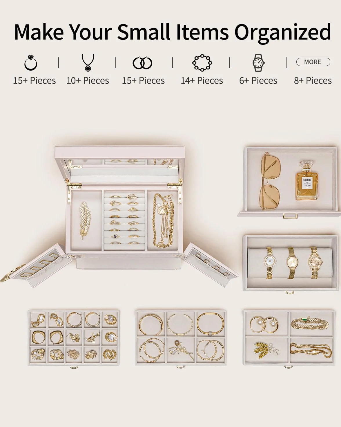 VLANDO Grande boîte à bijoux française 6 niveaux XXL miroir tiroirs rangement pour boucles d'oreilles colliers Rose