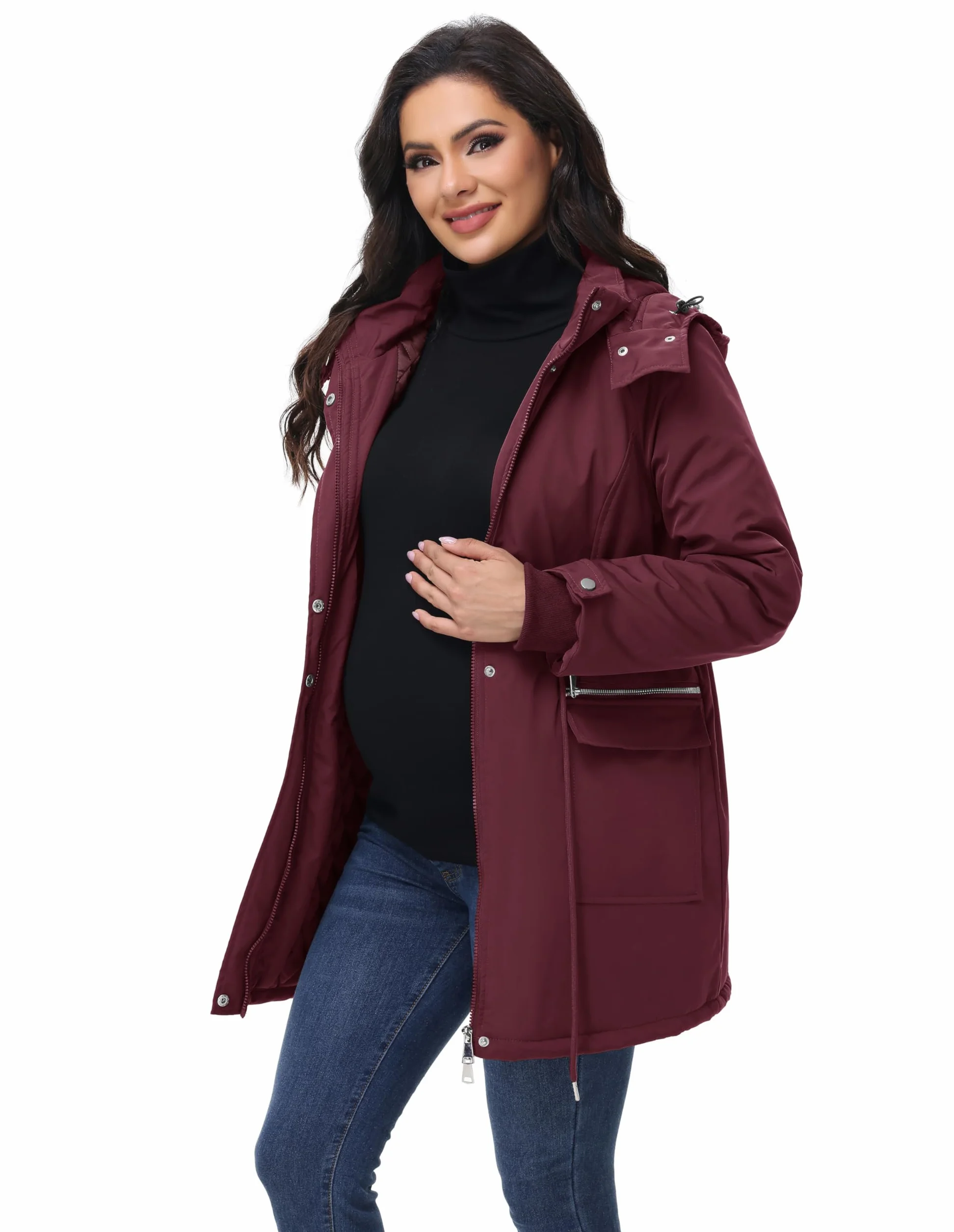 Maacie Veste de maternité matelassée en coton pour femme enceinte, manteau chaud à capuche