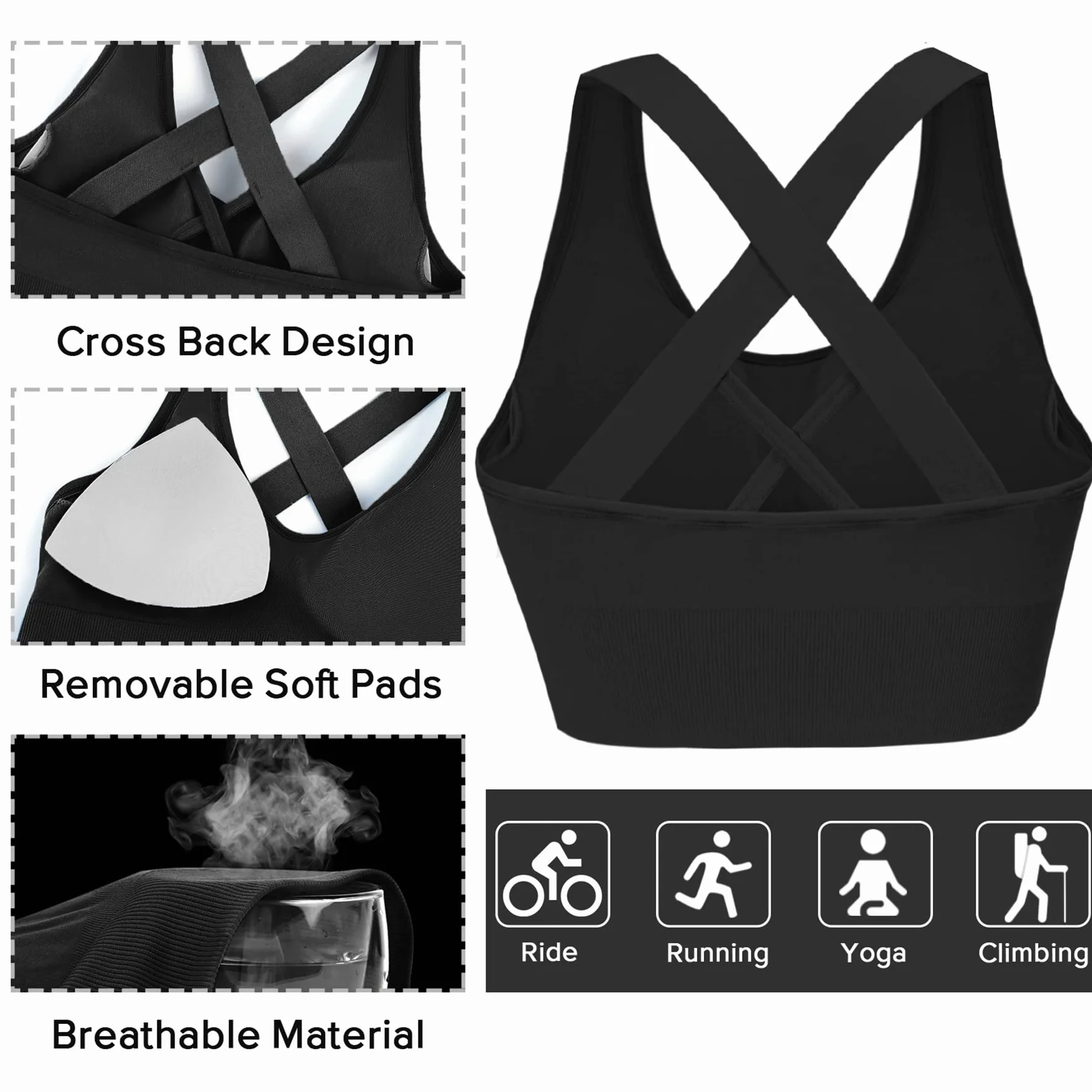 Soutien-Gorge de Sport Femme sans Armature Coussinets Amovibles Fitness Yoga S-XL