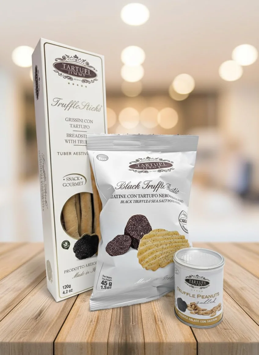 Coffret Apéritif Gourmet à la Truffe Noire | Chips Rustiques, Gressins Artisanaux & Cacahuètes Salées au Truffe Noire | Snack Italien Haut de Gamme – Made in Italy