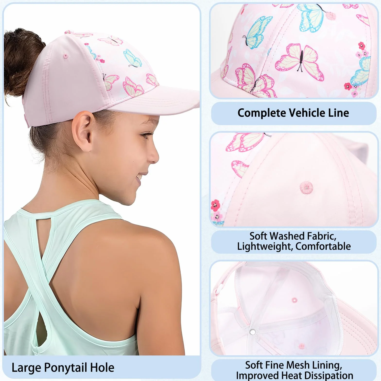Casquette Enfant Fille Queue de Cheval Baseball Scratch Visière Courbée 53cm