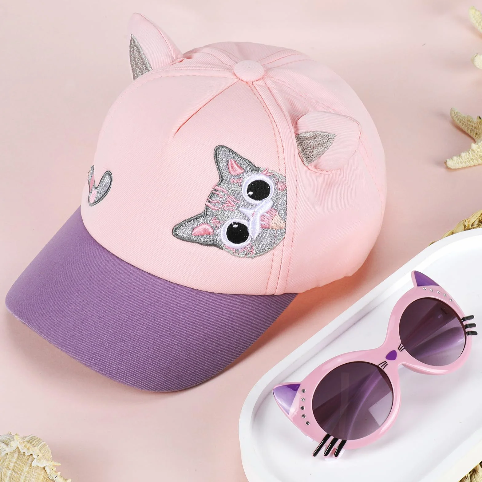 Hifot Ensemble Casquette de Baseball pour Fille avec Lunettes de Soleil Enfant, Réglable Chapeau Paillettes Protection UV Rose