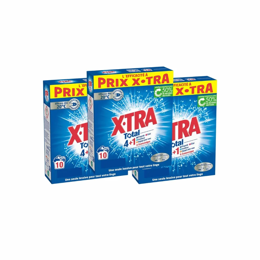 X, Tra Total - Lessive Poudre - 4 plus 1 - Propreté - Eclat - Fraîcheur - Engagé pour vous - Economique - Une seule lessive pour tout votre linge - Efficace des 20°C - 30 mesures