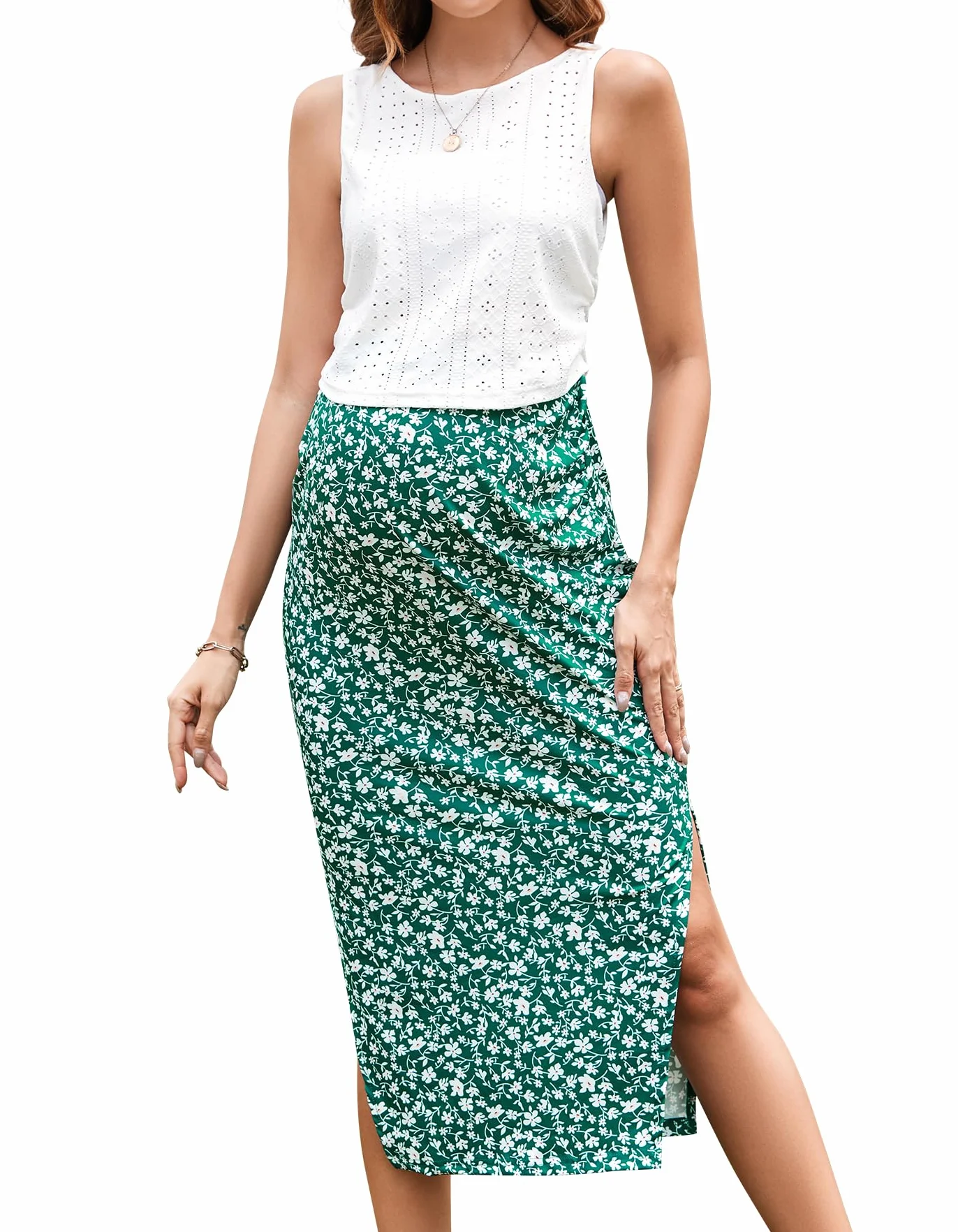 Femme Jupe de Maternité Ensemble 2 Pièces Top Court sans Manches Imprimé Floral Fendue