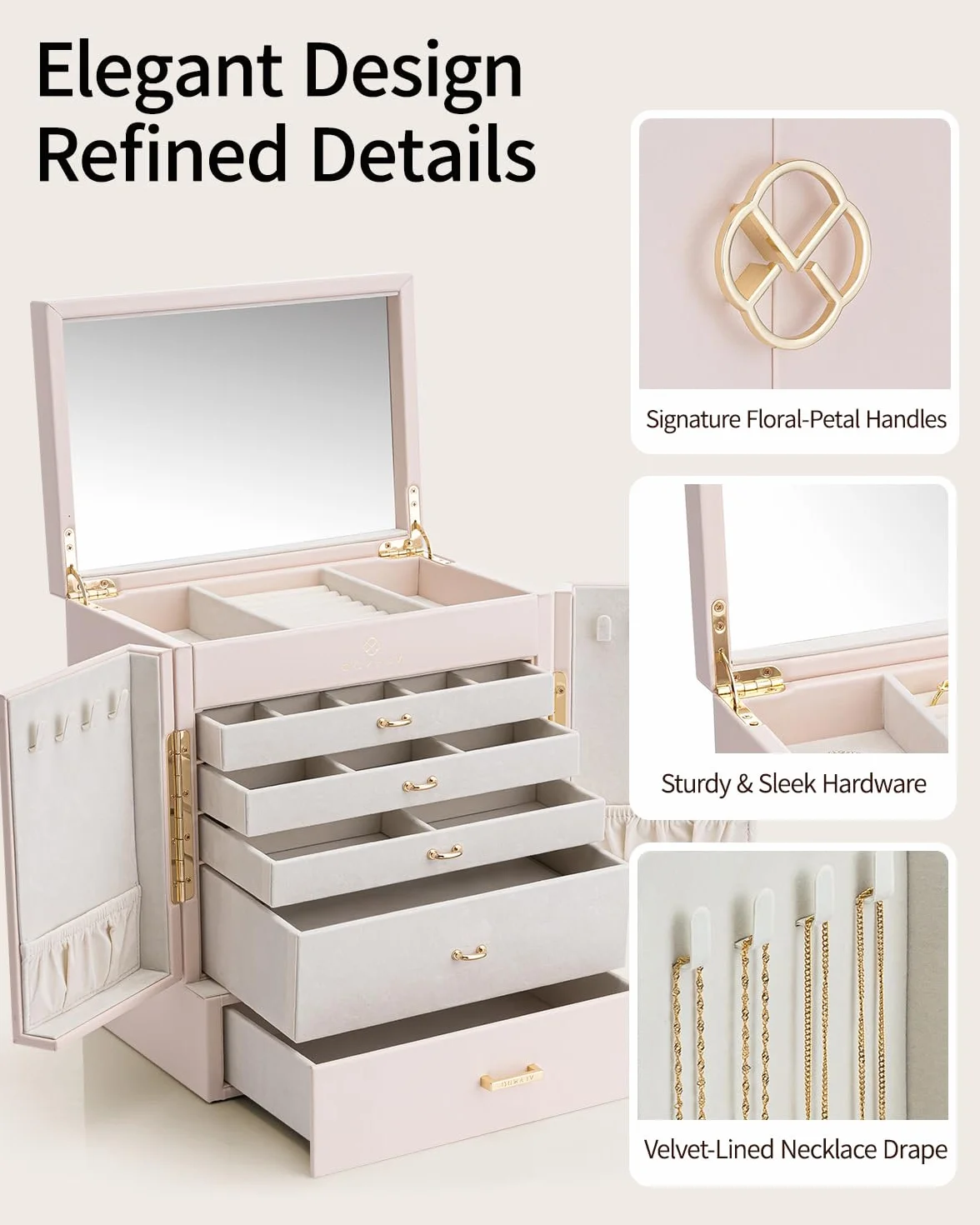 VLANDO Grande boîte à bijoux française 6 niveaux XXL miroir tiroirs rangement pour boucles d'oreilles colliers Rose