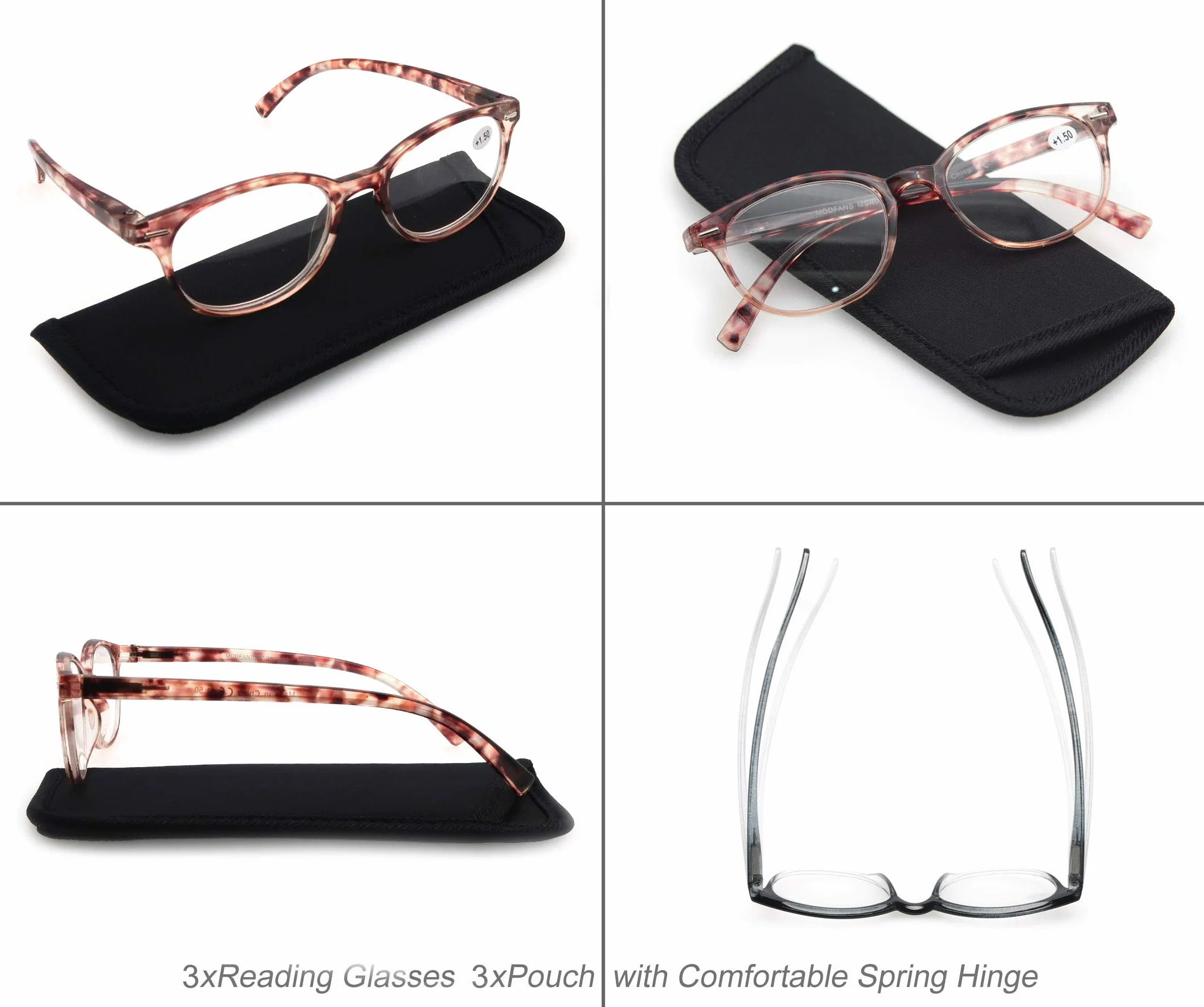 Lunettes de Lecture Femmes Lot de 3, Lunettes de Vue Branches a Ressort, Vision Nette