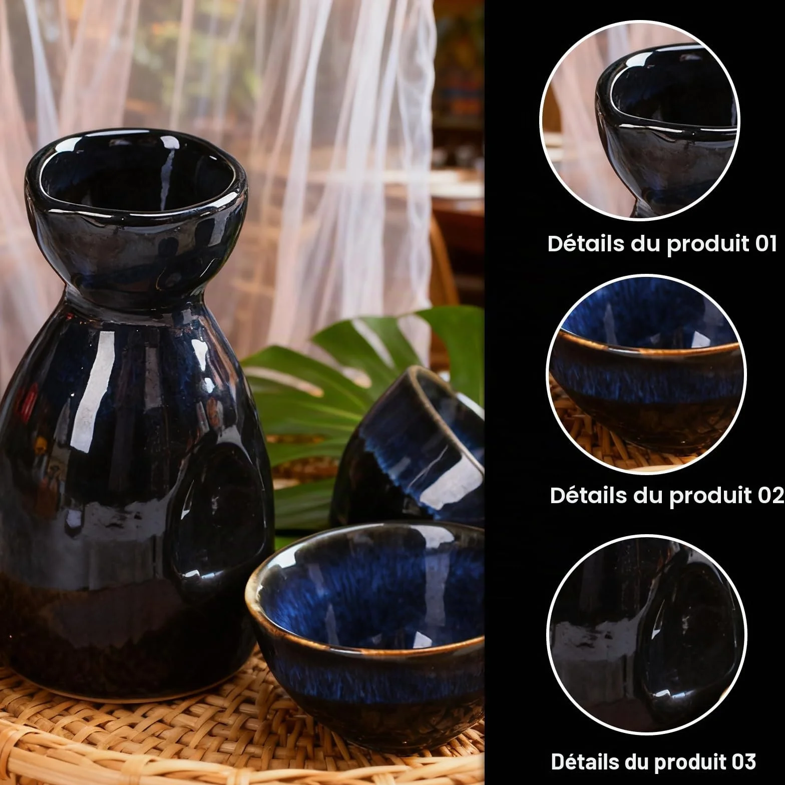 GOEDCH Ensemble de saké japonais traditionnel : ensemble de vin de riz bleu pour le style japonais Contient 4 gobelets à saké et 1 pot à saké, ensemble de saké artisanal pour la maison et les