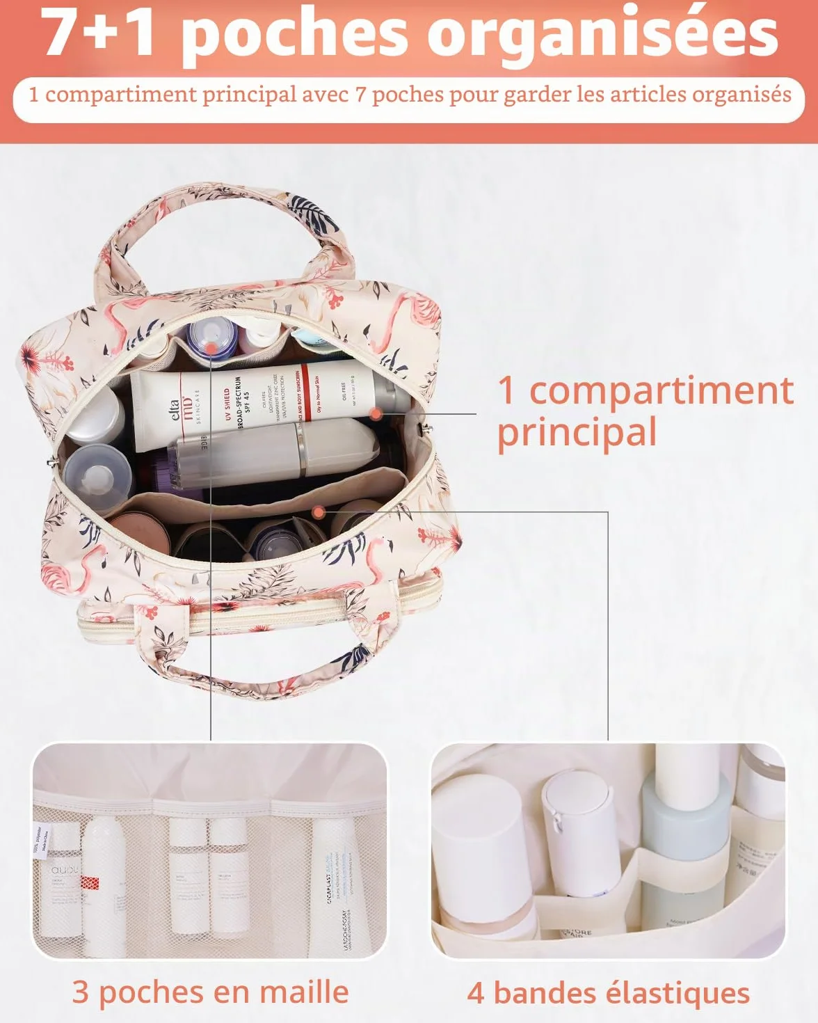 Narwey Trousse de Toilette Grande Femme Sac de Voyage Maquillage Organisateur Flamant