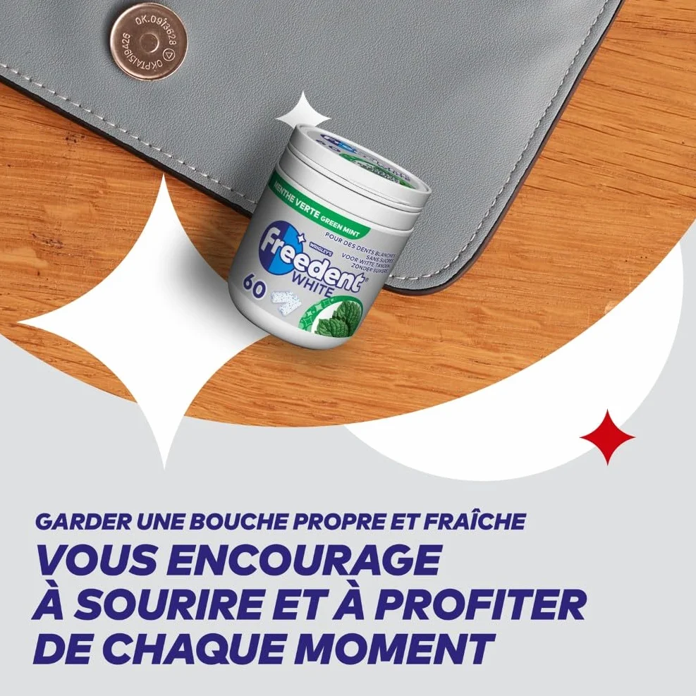 FREEDENT WHITE Chewing Gum Sans Sucre Goût Menthe Verte 1 Boîte 60 Dragées Grand Format