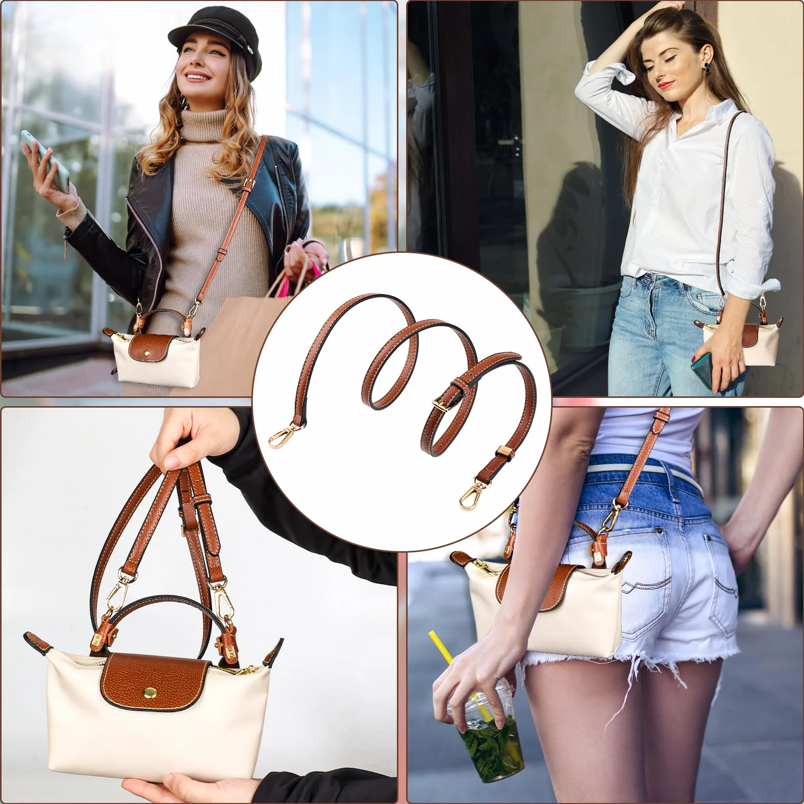 Bandoulière Réglable pour Sac Longchamp Mini, Marron, Sangle à Boucle Sans Perforation avec 2 Adaptateurs
