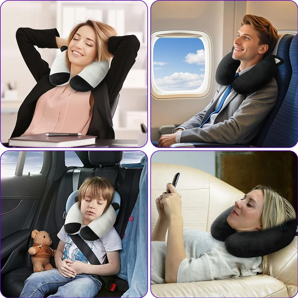 Oreiller de Voyage Enfant Adulte Coussin de Cou Ultra-Doux Chat Noir en Forme de U