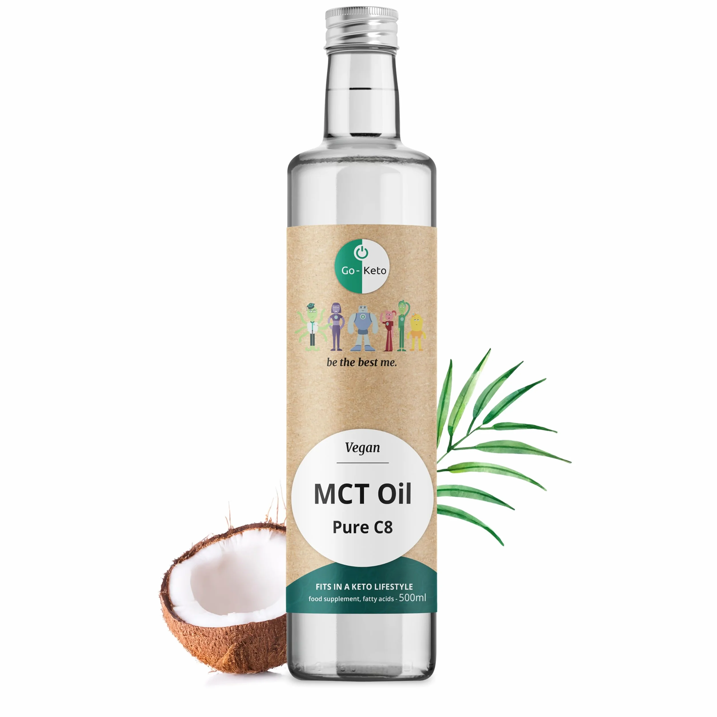 Go-Keto MCT Oil C8, 500 ml - HUILE TCM premium C8, dans bouteille en verre, 100% huile de coco, sans huile de palme, top pour le régime keto, our un bulletproof coffee, Paléo, végane