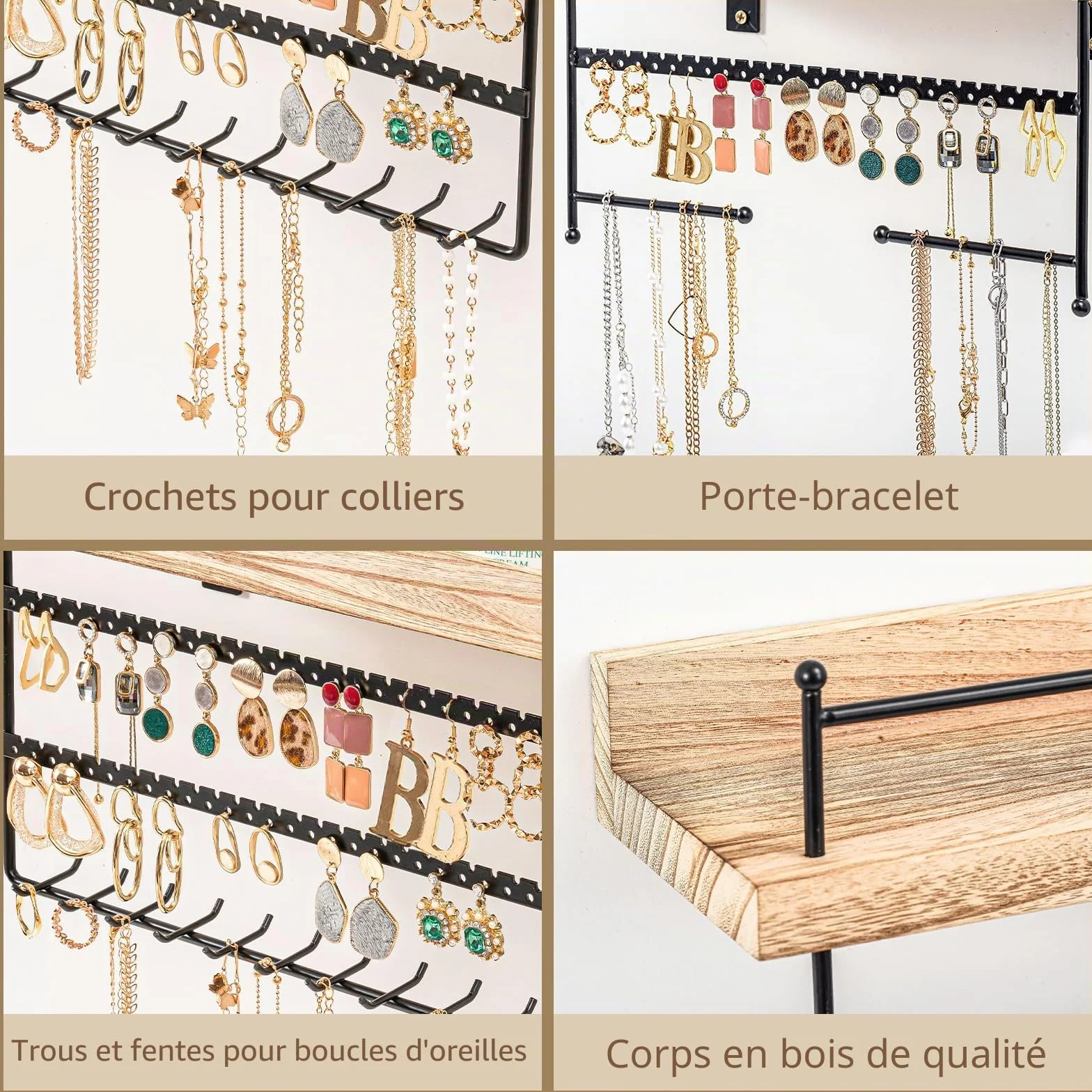 Lolalet Porte Bijoux Mural Lot de 2, Organisateur Suspendu en Bois Naturel - Noir