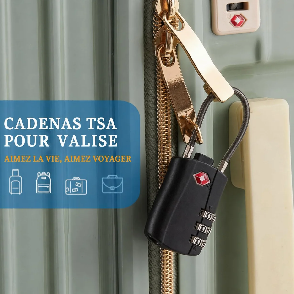 Cadenas TSA à combinaison 3 chiffres pour valise, alliage de zinc, noir, 88 x 31 x 14 mm