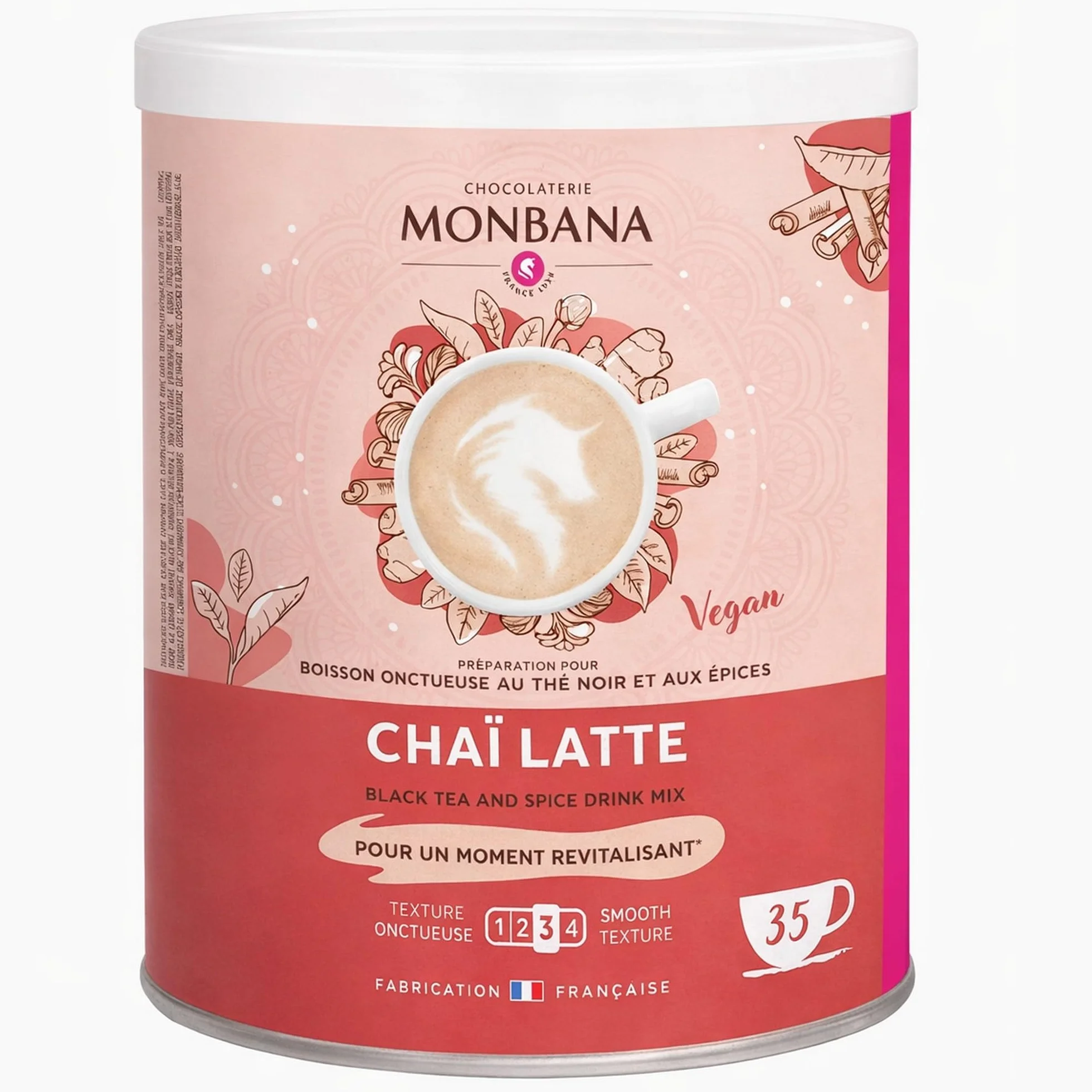 MONBANA Chai Latte Vegan 350 g – Préparation Instantanée au Thé Noir et Épices – Boisson Chaude ou Glacée – Cannelle, Cardamome, Gingembre et Girofle – Recette Gourmande