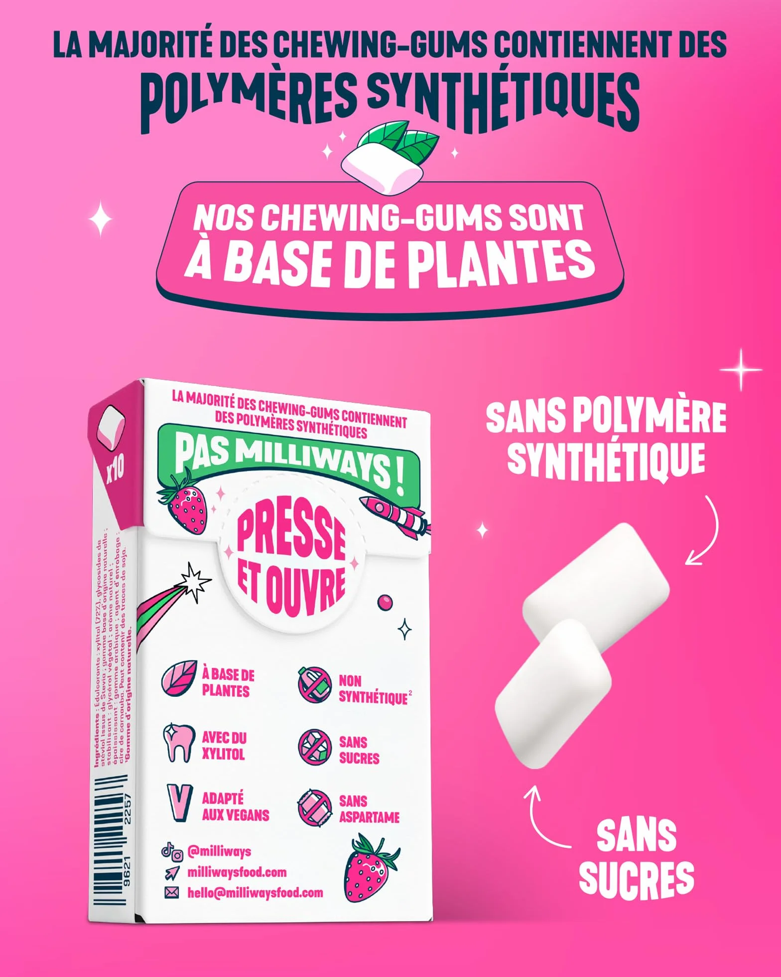 MILLIWAYS Chewing gum sans sucres à la fraise 12 boîtes de 10 dragées 20g Xylitol sans aspartame