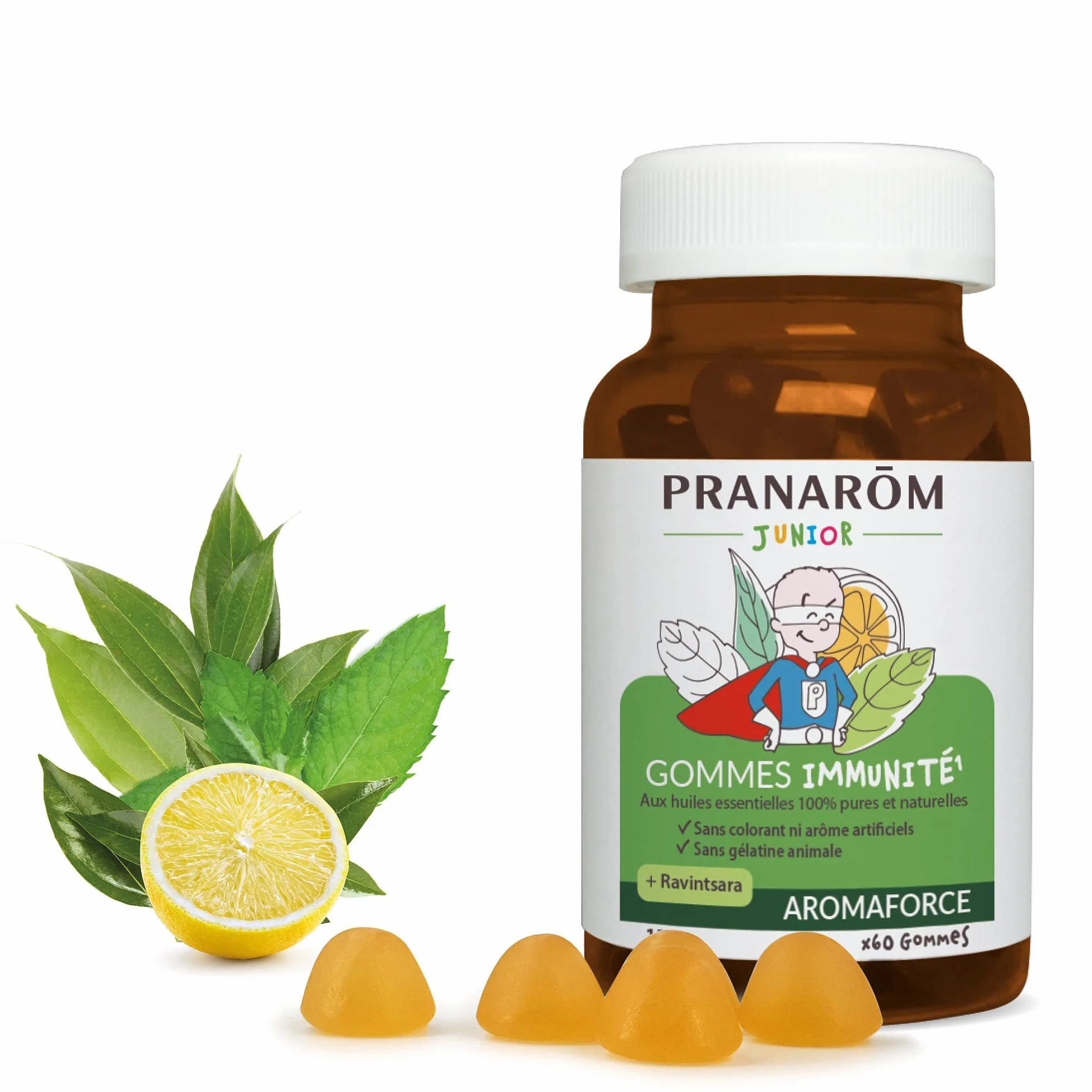 PRANARÔM - Aromaforce Junior - Gommes Enfant Imunité Ravintsara - Renforce Les Défenses Naturelles - Aux Huiles Essentielles - Vegan - Sans Colorant Ni Arôme Artificiels - Dès 6 Ans - Cure 1 Mois