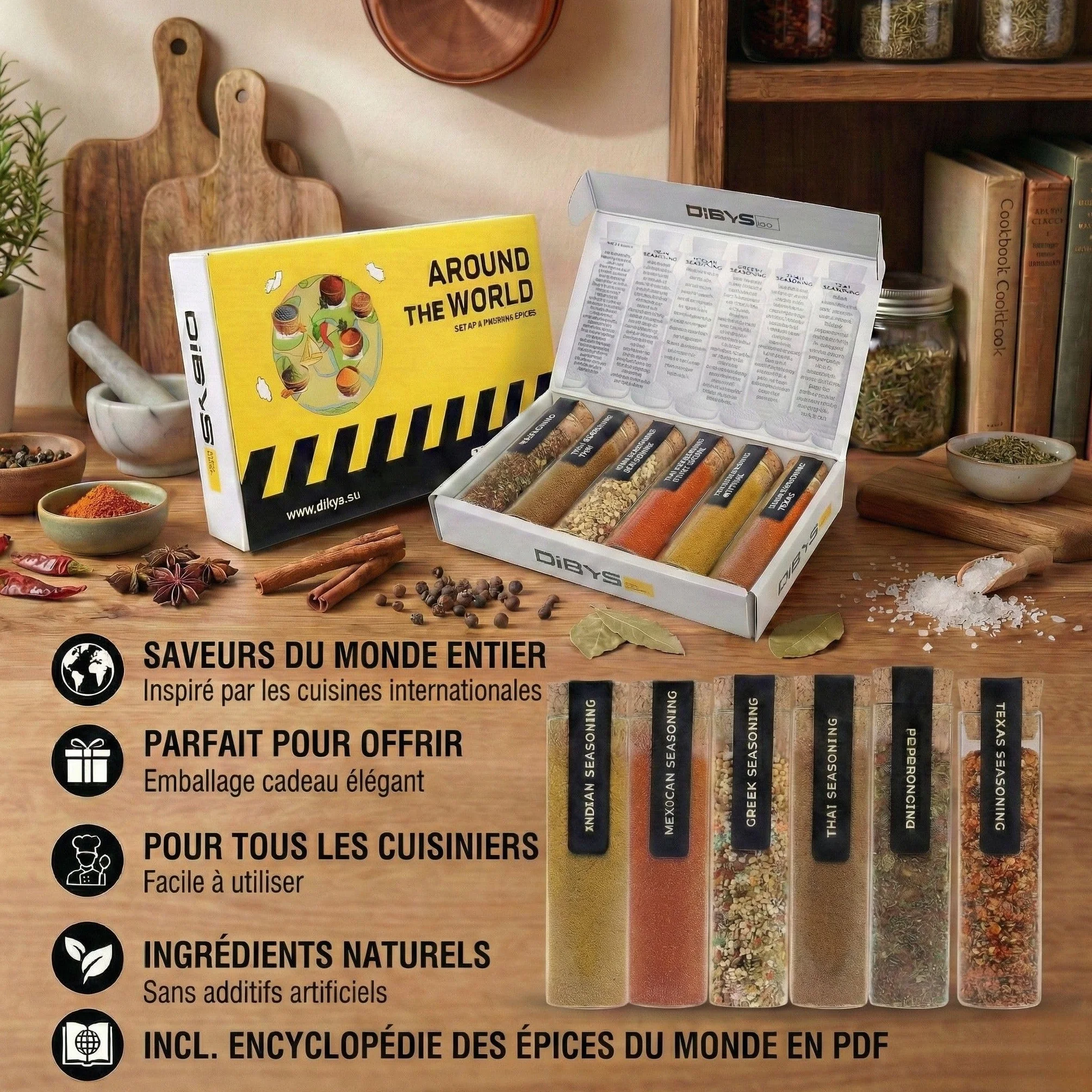 DIBYS Coffret Épices du Monde | Recettes Incluses | Coffret Cadeau Épices | Cadeaux pour les Amateurs et les Passionnés de Cuisine | Mélanges d'épices d'Inde, du Mexique, de Grèce & plus encore