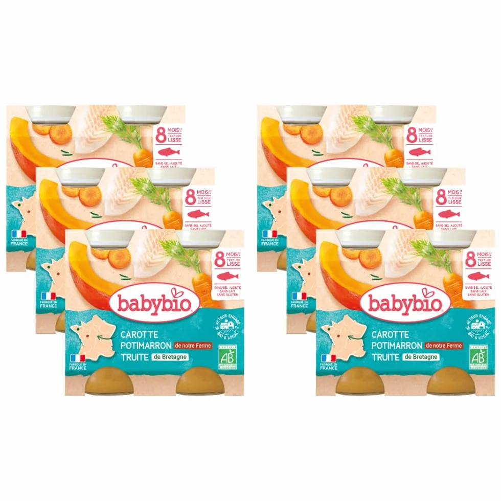 Babybio - Petits Pots Carotte Potimarron Truite de Bretagne 2x200 g - 8+ Mois - BIO - Lot de 6