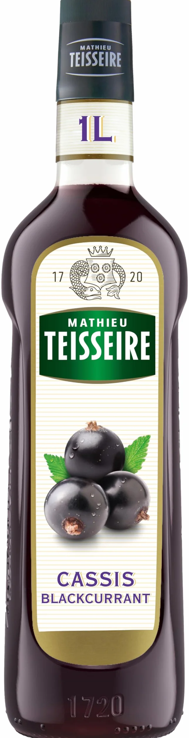 Sirop de Cassis Mathieu Teisseire, pour boissons, smoothies, cocktails, cidres, bières, milk-shakes, bouteille de 1L