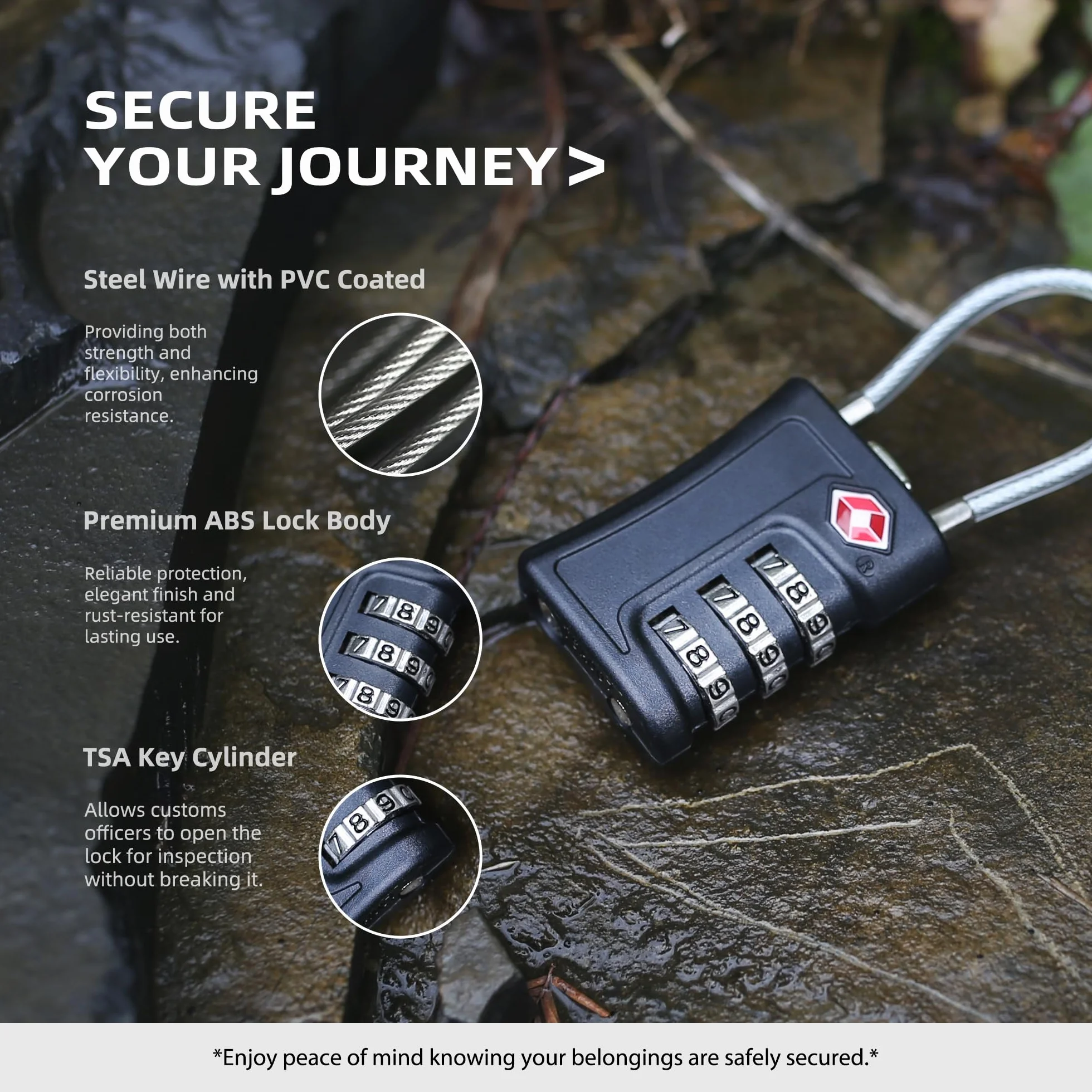 Lot de 2 cadenas à bagages TSA, cadenas à combinaison câble voyage, réinitialisable 3 chiffres, sécurité sans clé valises